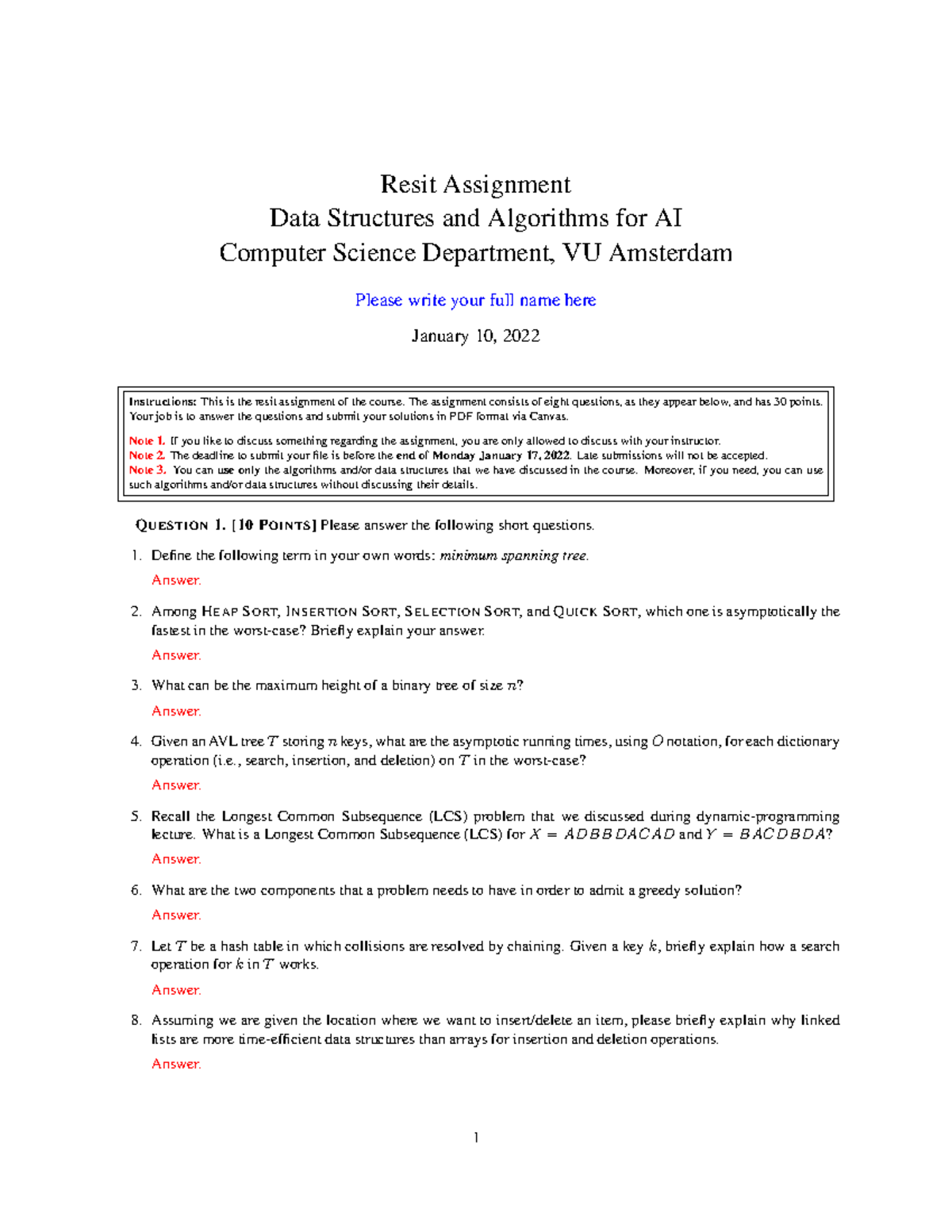 Resit Assignment 2021: Data Structures & Algorithms for AI - Studeersnel