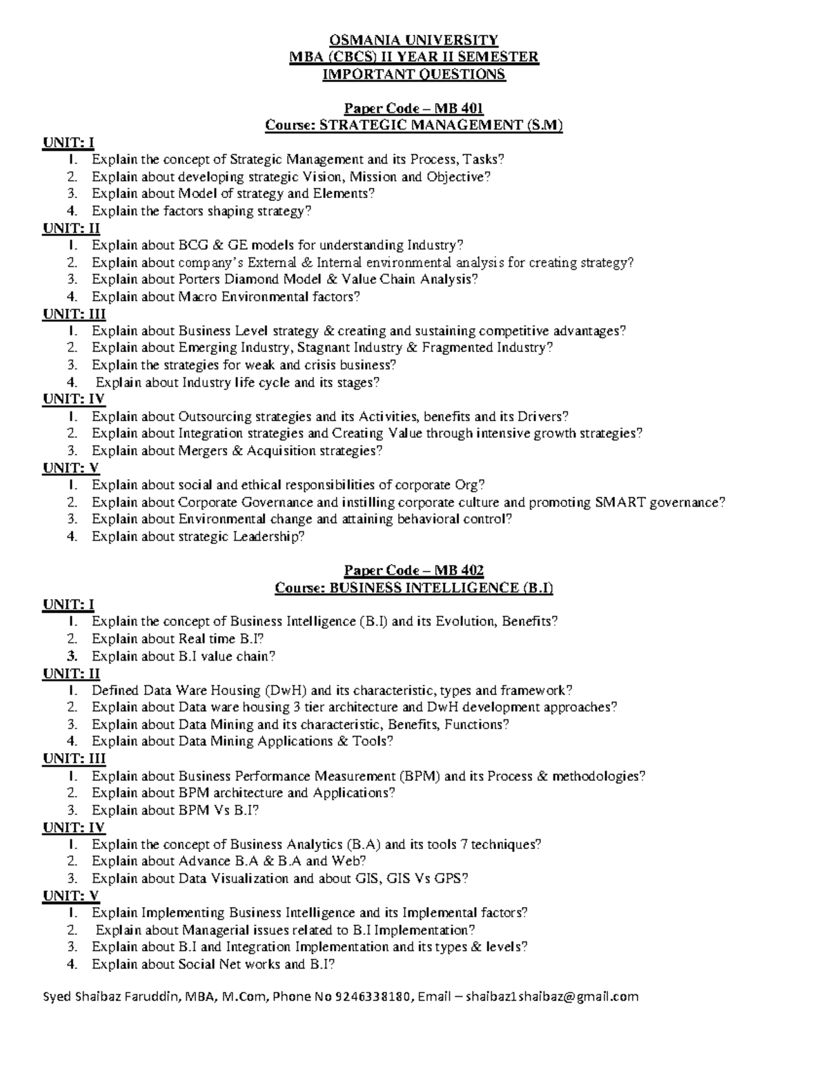 MBA IV Important Questions - Strategic Management, Business ...