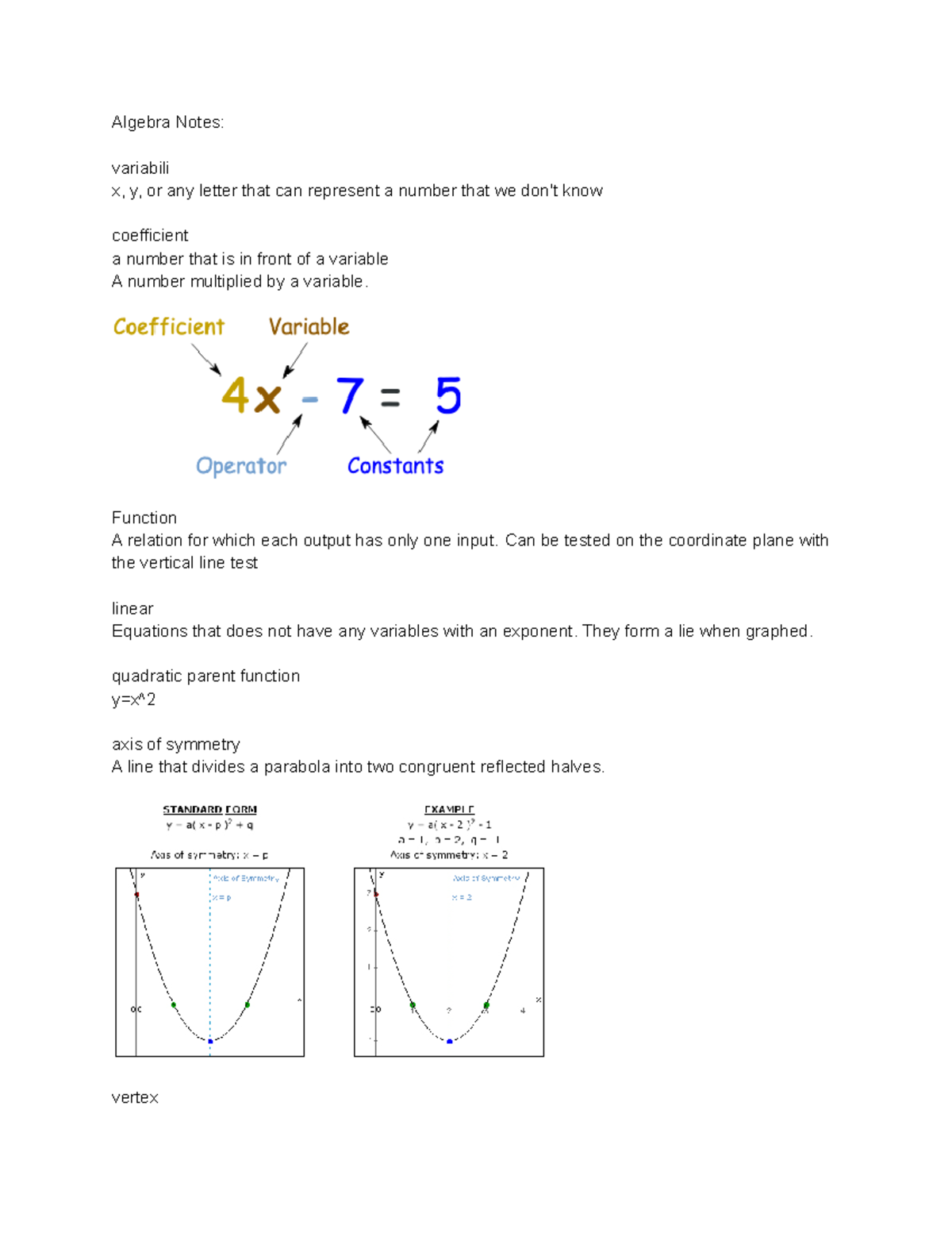 Algebra Notes - Algebra Notes: variabili x, y, or any letter that can ...