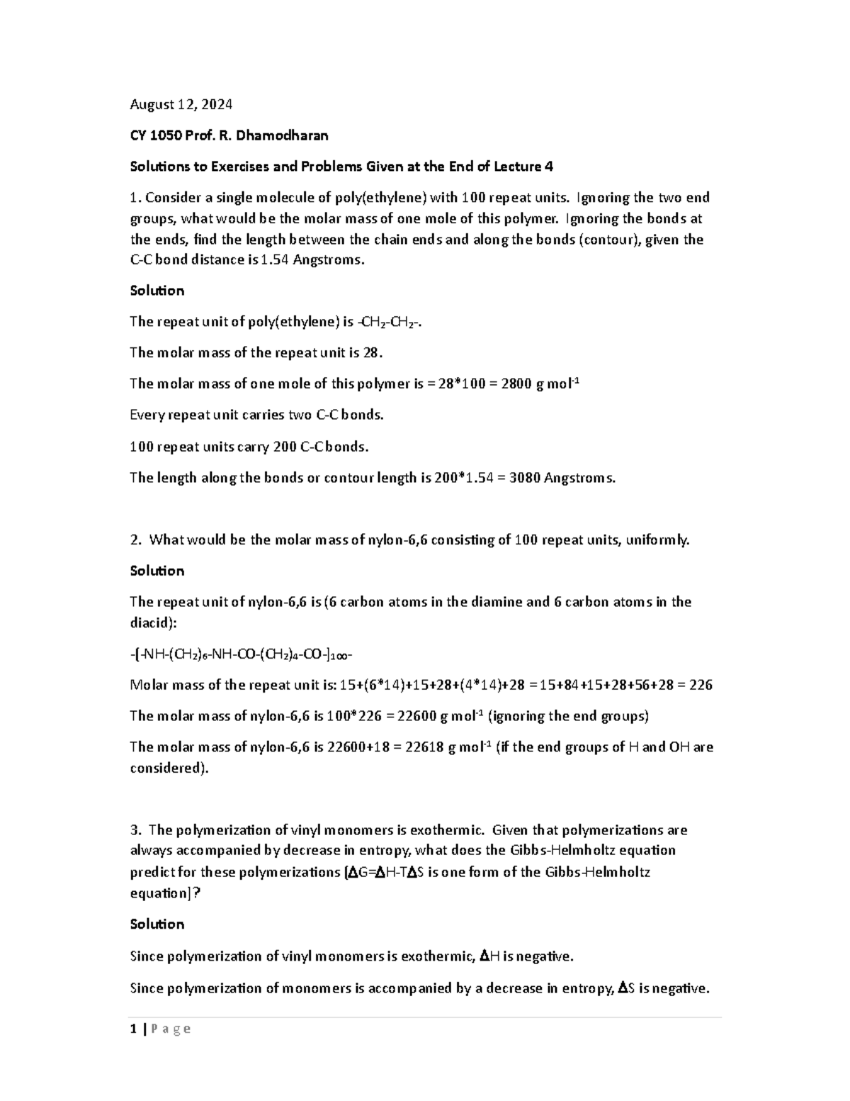 L2-4 Solutions to Polymer Chemistry Problems in CY 1050 - Studocu