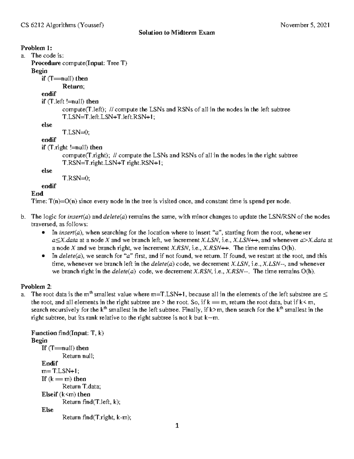 Csci 6212 Midterm Exam Solutions 2021 - Algorithms Analysis - Studocu