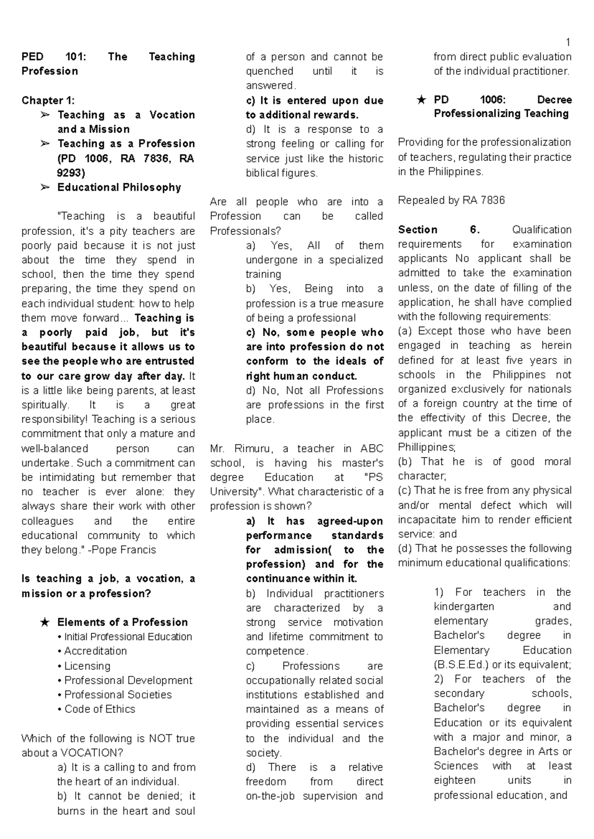 PED 101 Chapter 1: Understanding the Teaching Profession and Its Ethics ...