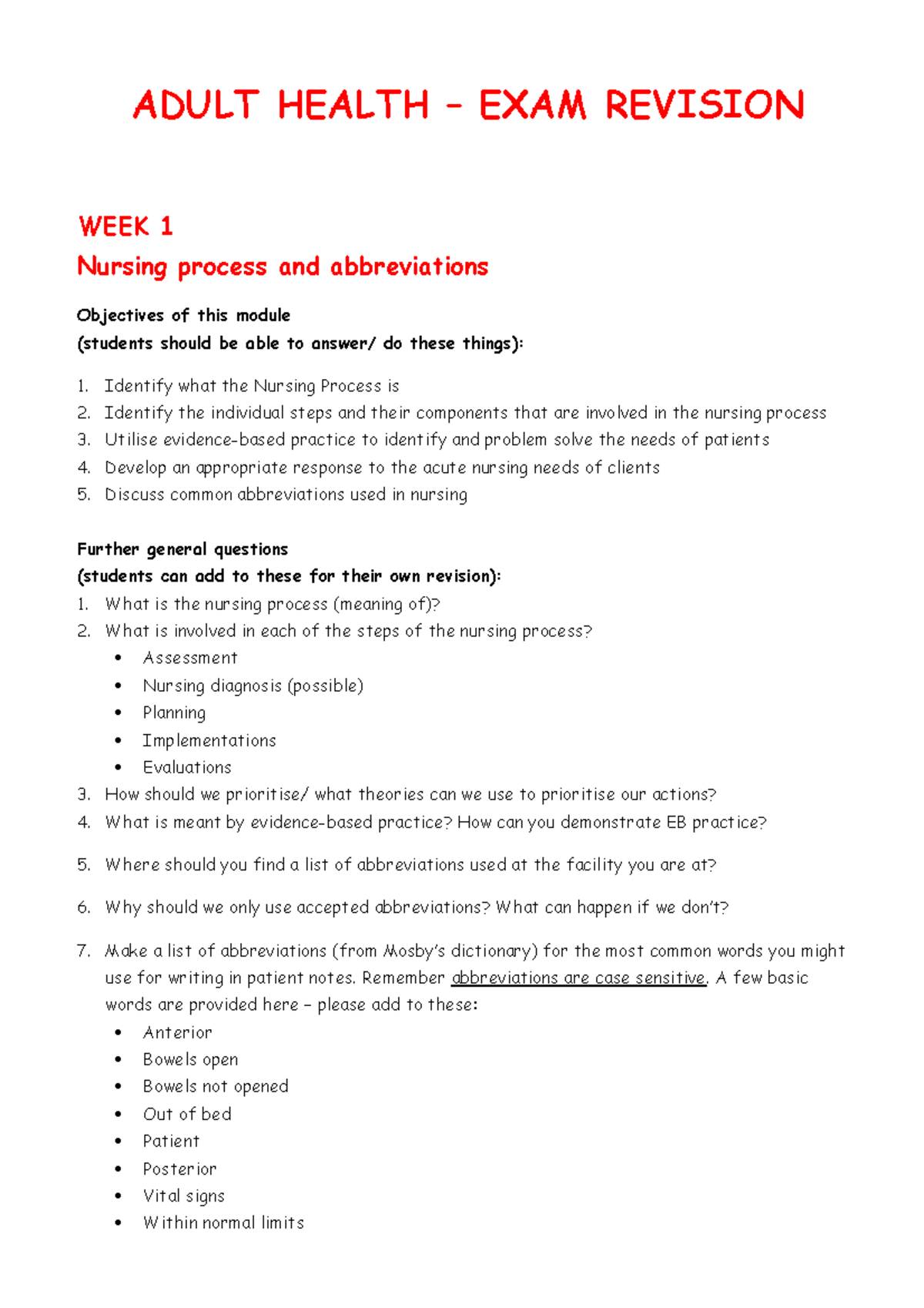 Adult Health - Exam Revision: Key Learning Objectives and Nursing ...