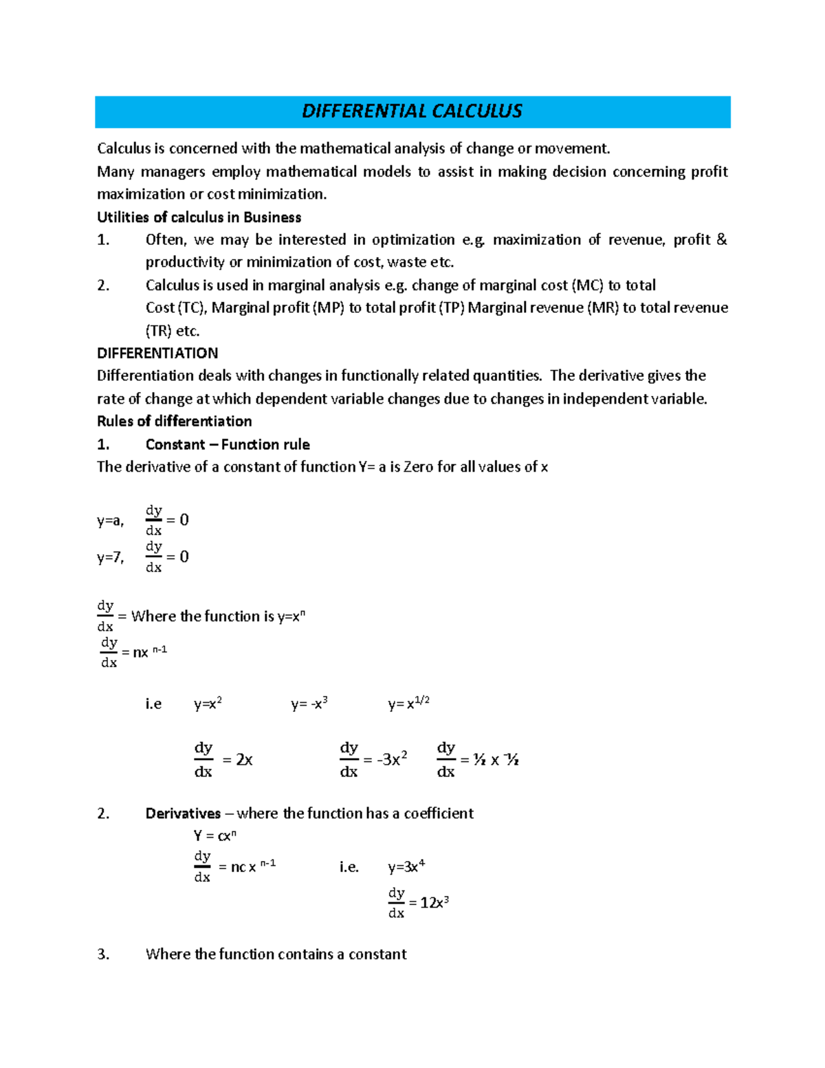 Differential Calculus: Applications in Business Optimization - Studocu