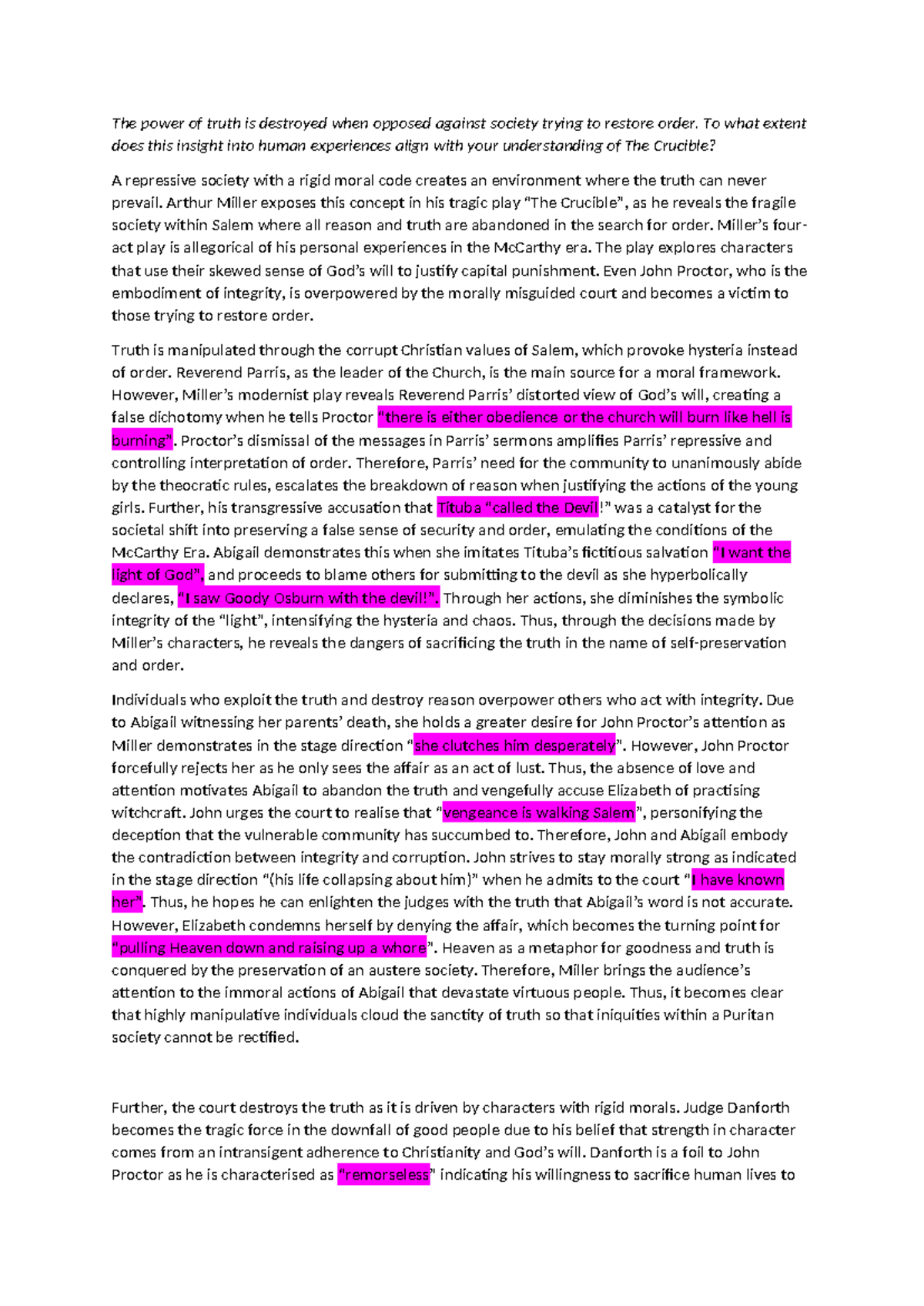The Crucible (ENG 101) Final Exam Analysis: Truth vs. Order - Studocu