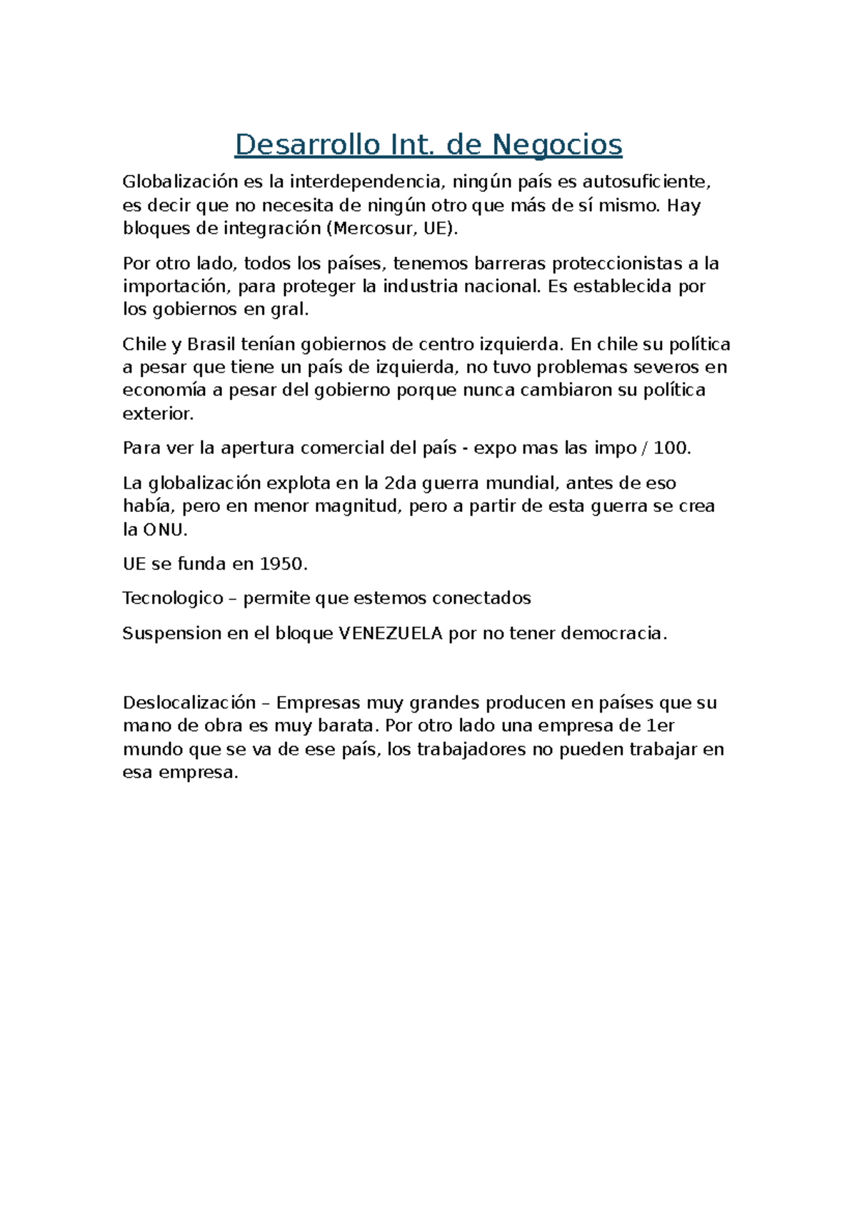 Desarrollo Int. de Negocios: Globalización y Mercosur en Examen - Studocu