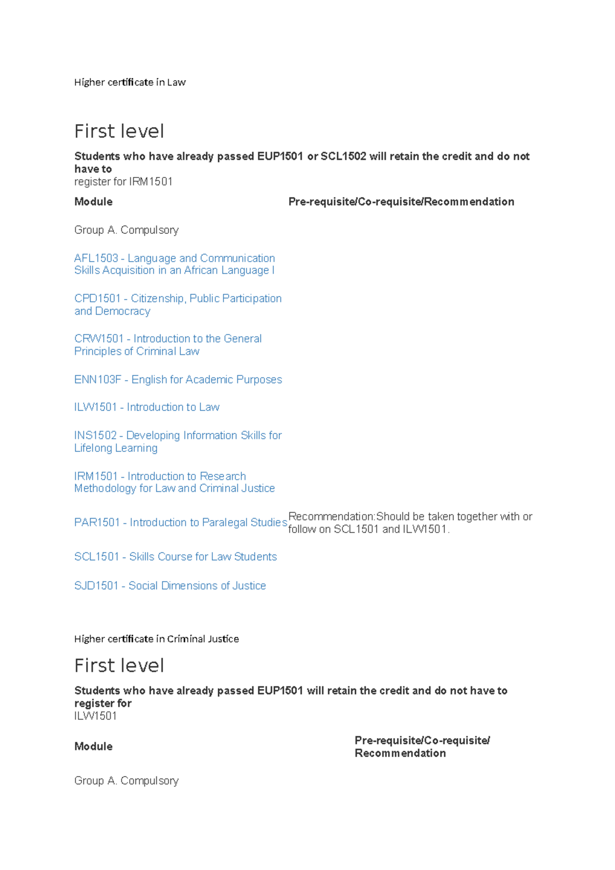 Higher Cert in Law: Compulsory Modules & Pre-requisites Overview - Studocu