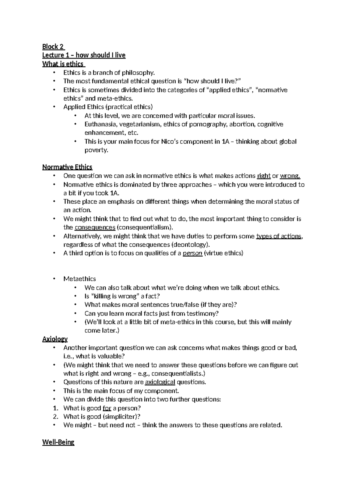 Block 2 - Ethics and Well-Being Lecture Notes (bfalsj) - Studocu
