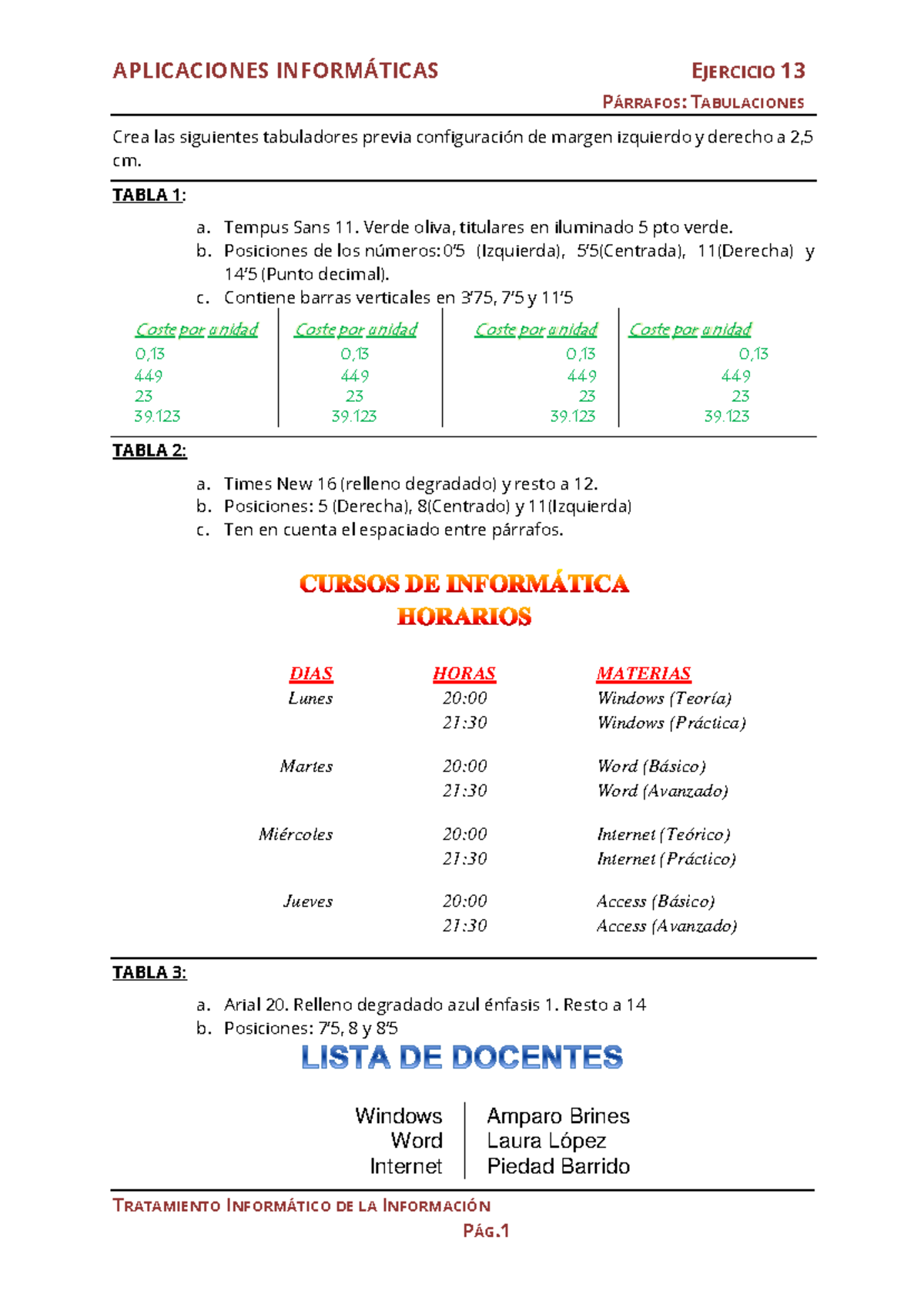 APLICACIONES INFORMÁTICAS EJERCICIO 13: TABULACIONES Y TABLAS - Document Preview