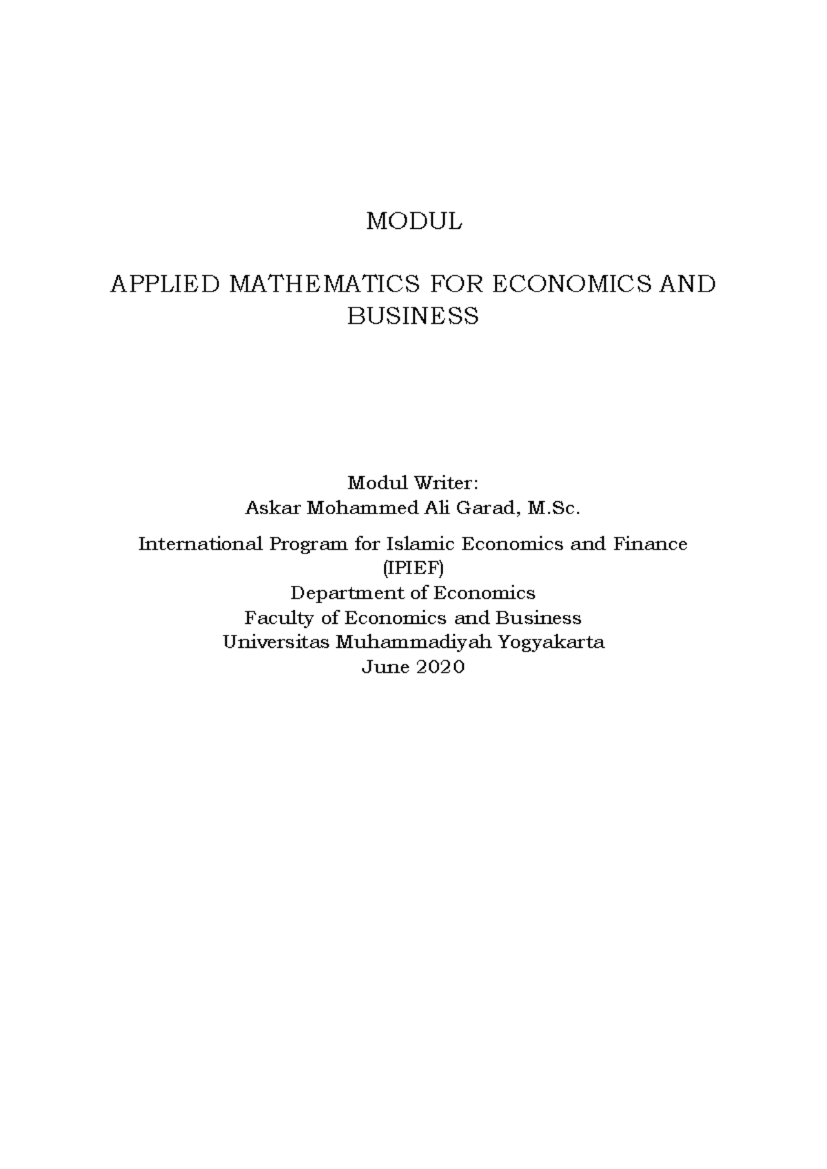 MATH 2: Applied Mathematics for Economics & Business Overview - Studocu