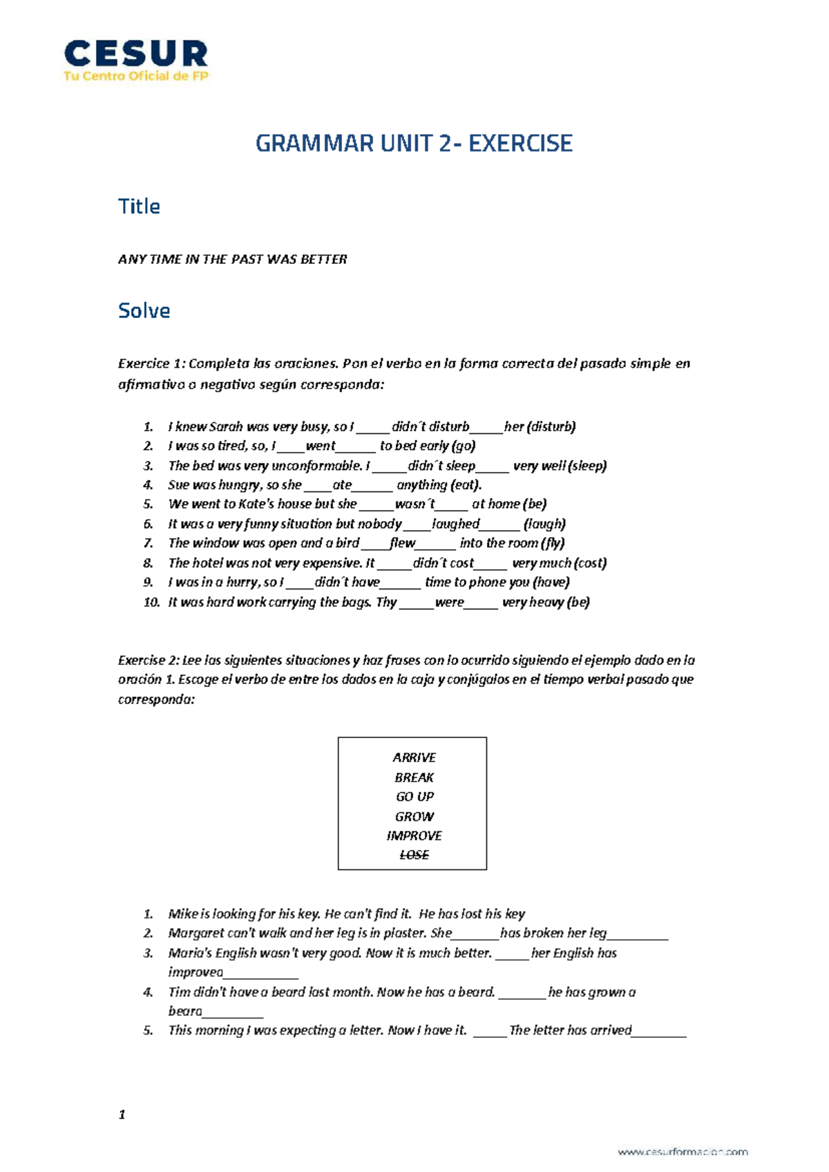 Grammar Unit 2 - Exercises and Learning Goals (ENG 101) - Studocu