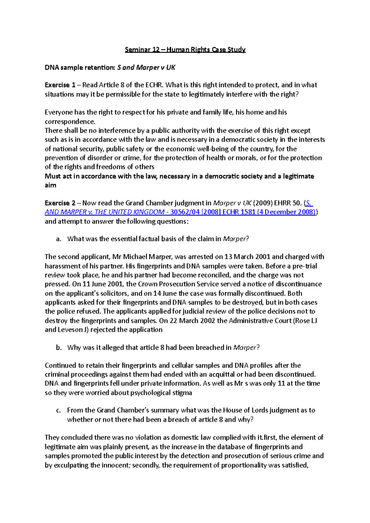 Human Rights Case Study: Seminar 12 on S and Marper v UK Analysis - Studocu