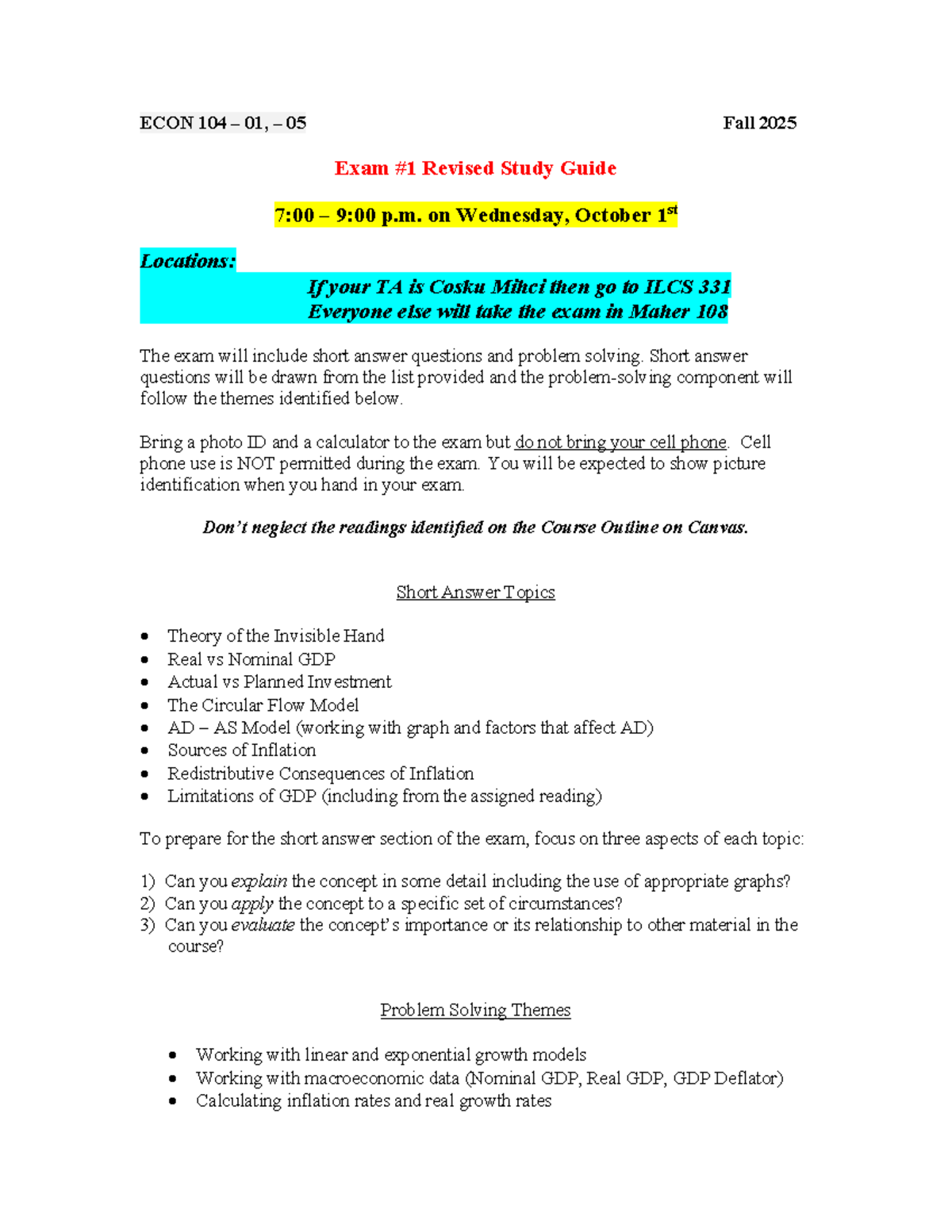 ECON 104 01, 05 Fall 2025 Final Exam Study Guide - Studocu