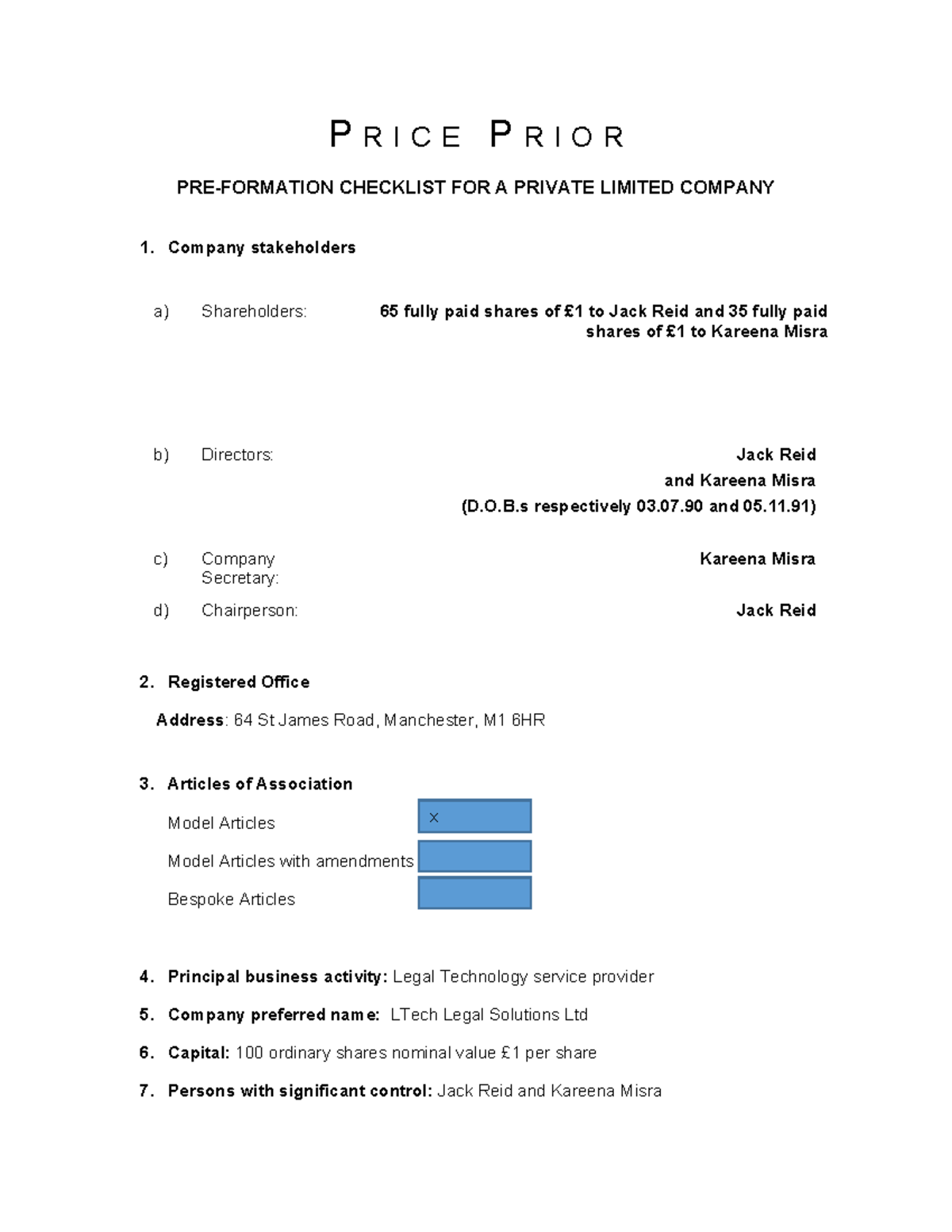 PRICE PRIOR CHECKLIST FOR PRIVATE LIMITED COMPANY WS1 L7 - Studocu