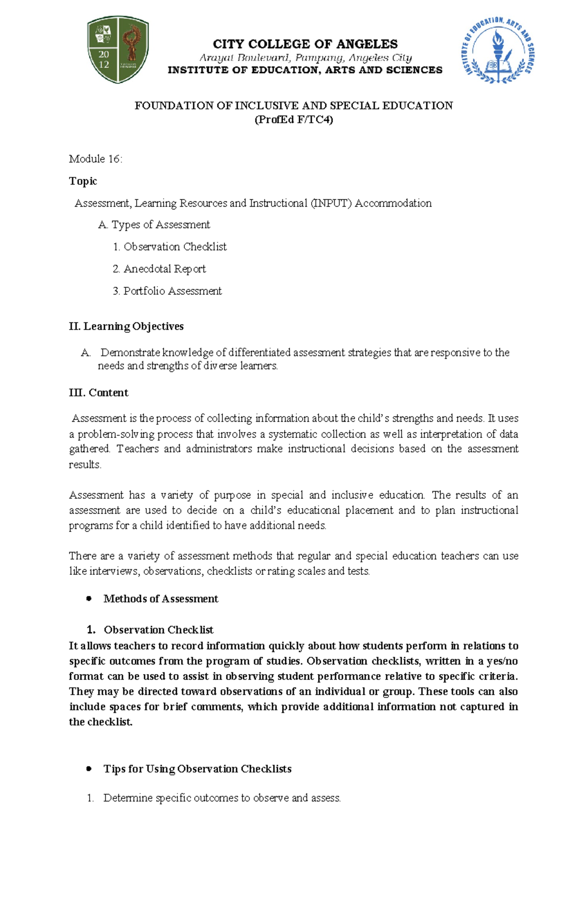 Lecture Prof Ed-FTC4-Module 16: Inclusive & Special Ed Assessment ...