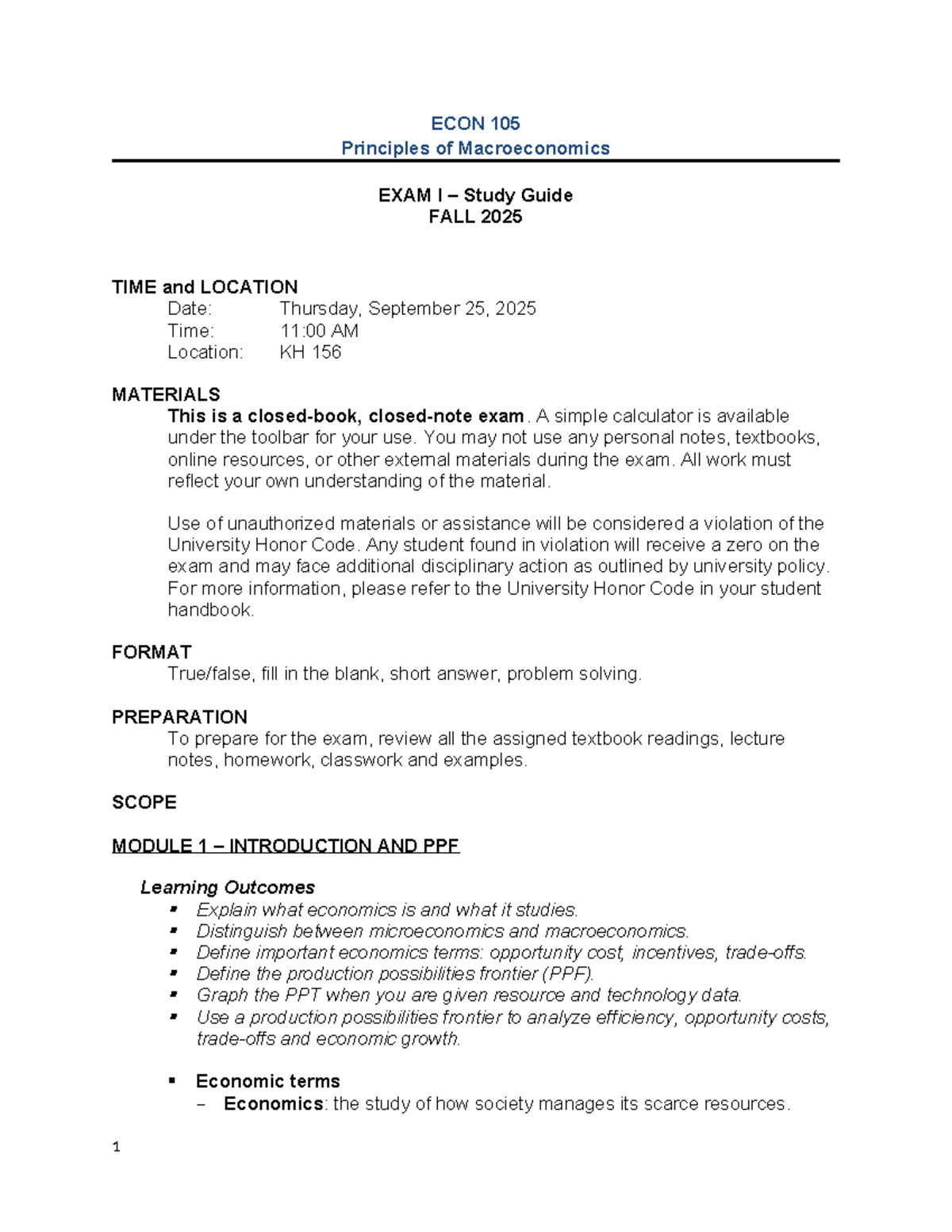 ECON 105 - Principles of Macroeconomics Exam I Study Guide (Fall 2025 ...