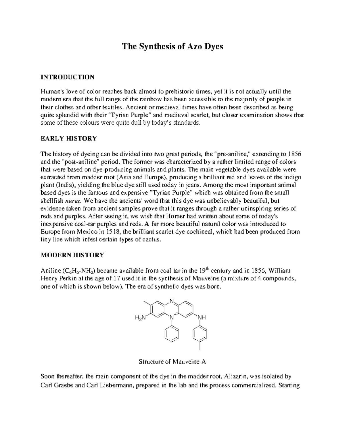 Azo Dye Synthesis Procedure - The Synthesis of Azo Dyes INTRODUCTION ...