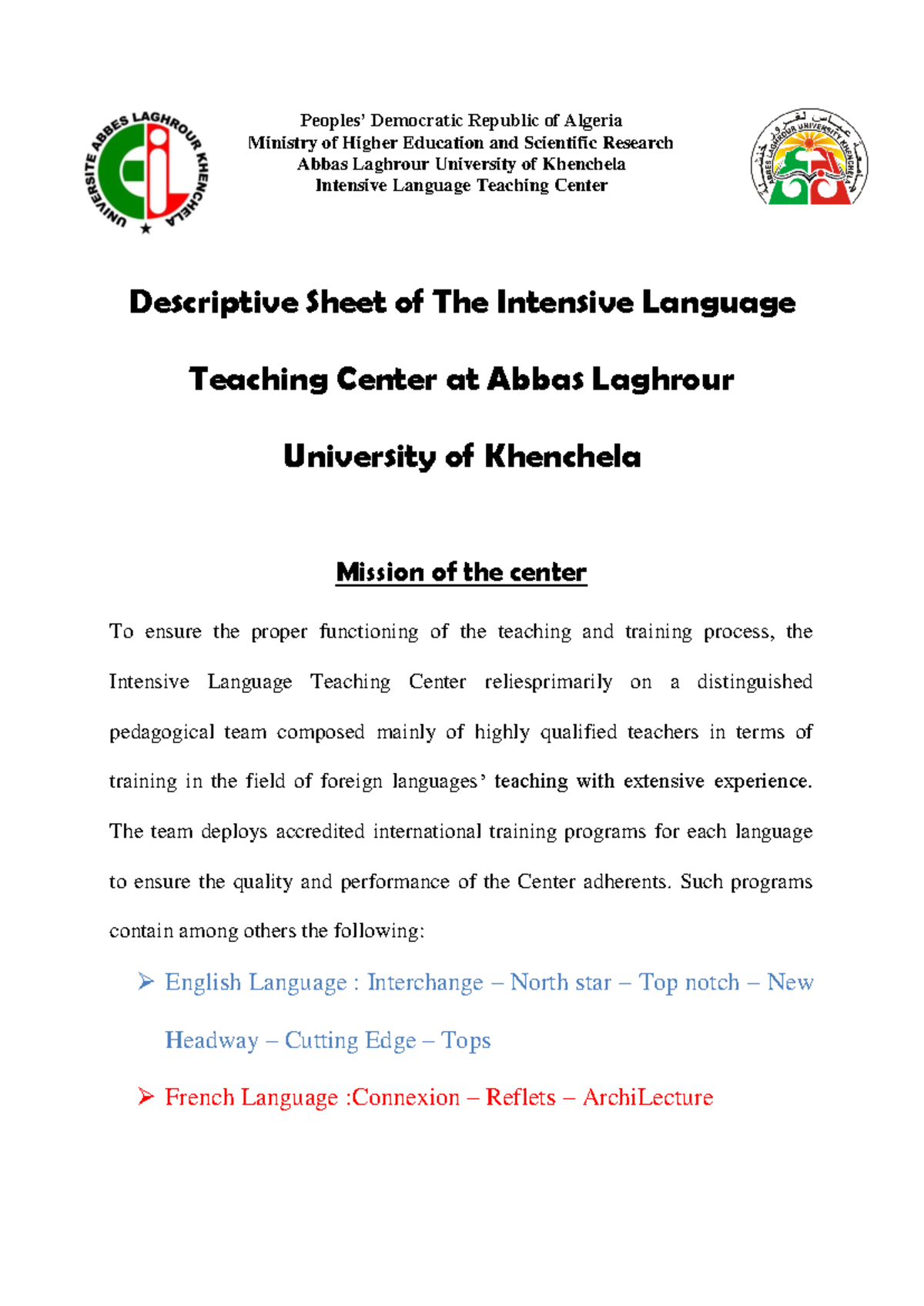 Descriptive Sheet of the Intensive Language Teaching Center (ILTC ...