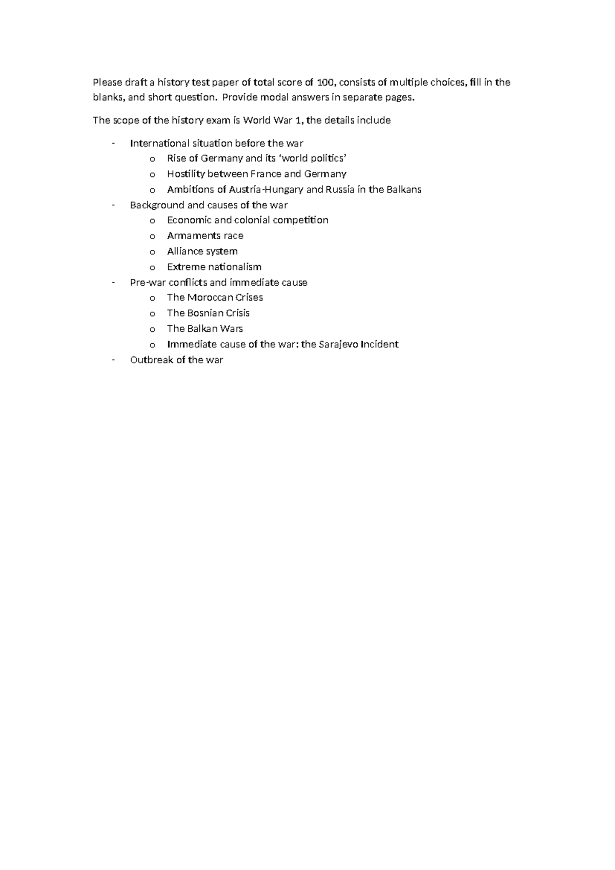 History Test Paper: World War I (HIST 101) - Total Score: 100 Points ...
