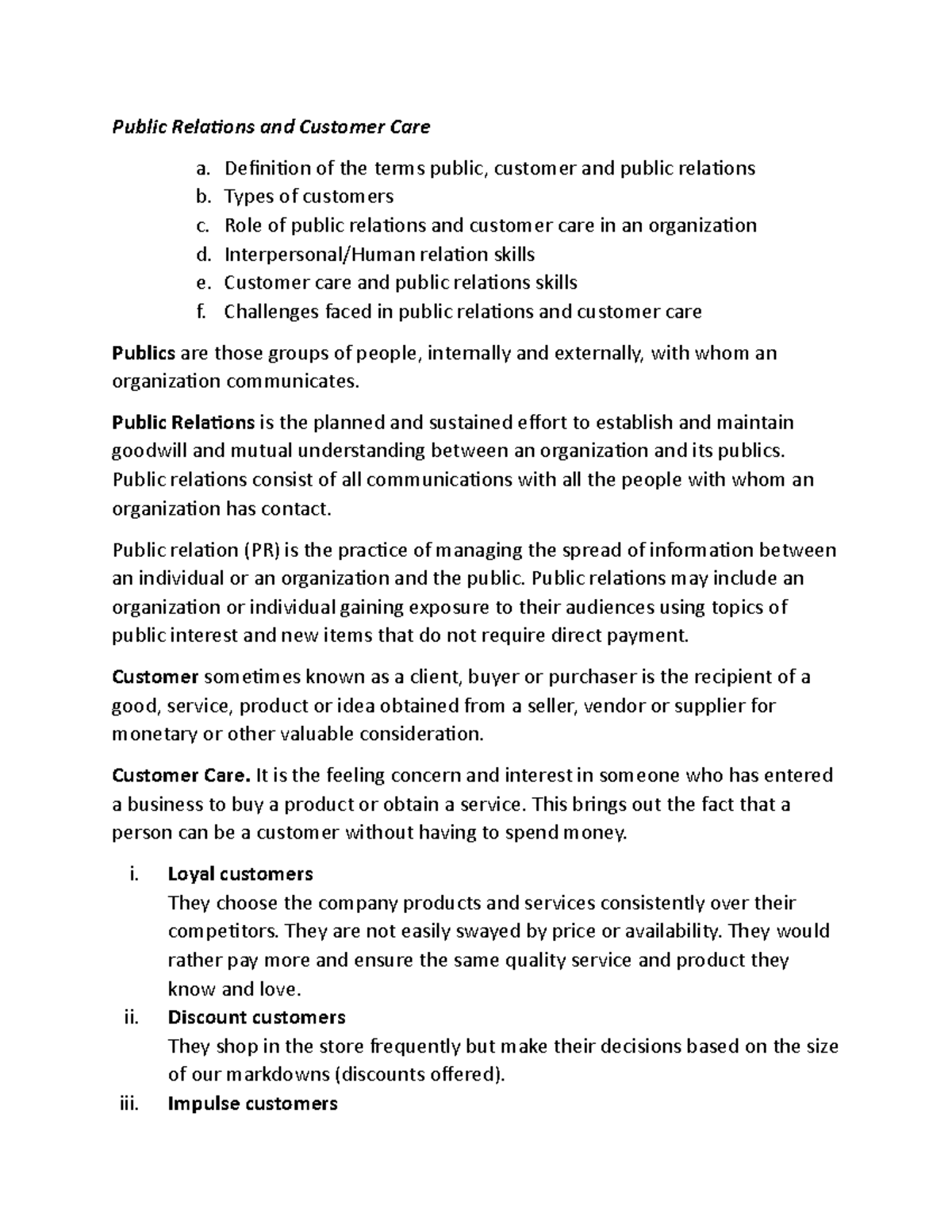 Public Relations and Customer Care Overview - OL - Studocu