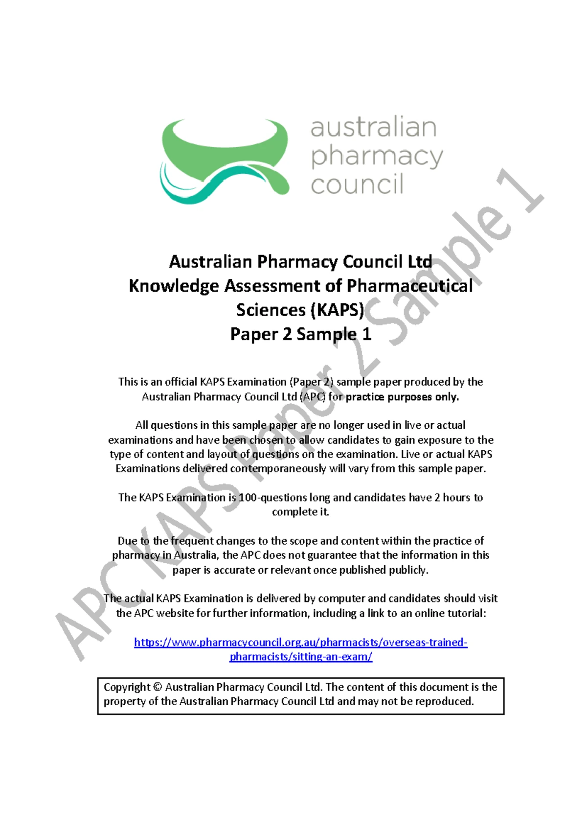 KAPS Exam Paper 1 Official Sample by Australian Pharmacy Council Ltd ...