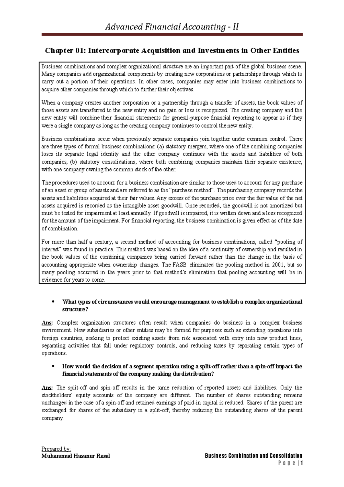 Advanced Financial Accounting II: Consolidation Chapters 01-10 Notes ...