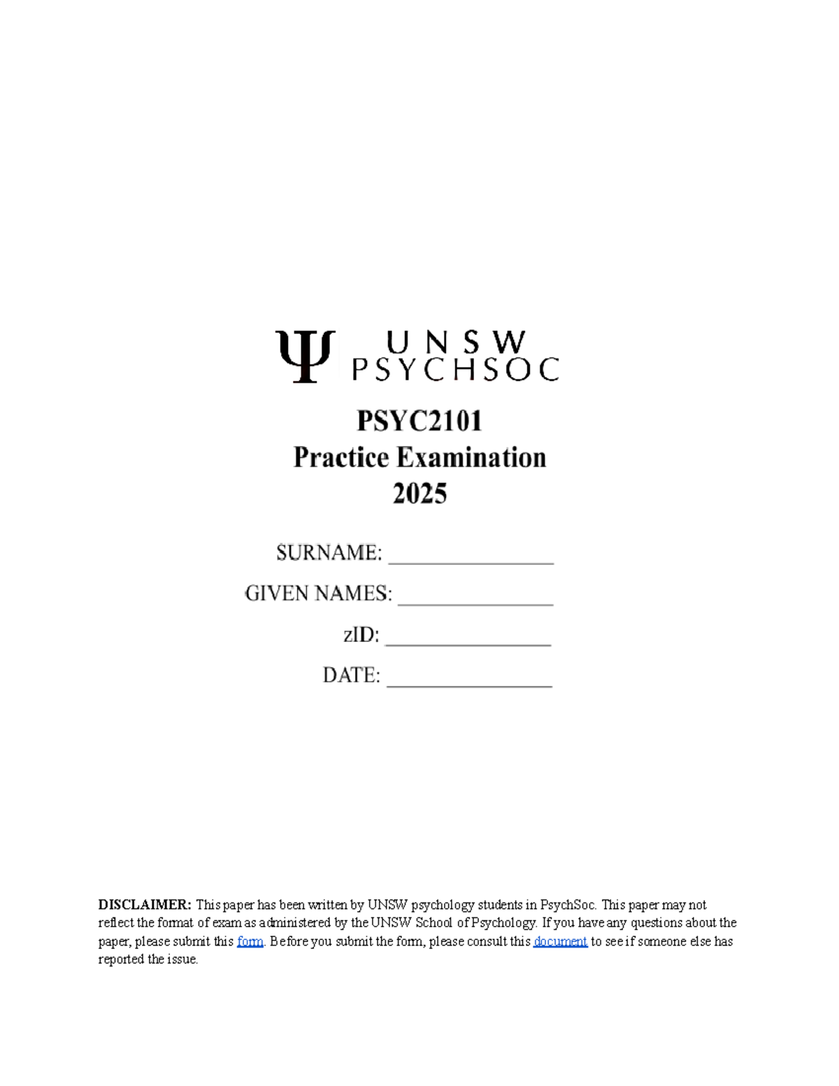 PSYC2101 Practice Exam Paper: Understanding Psychological Disorders ...