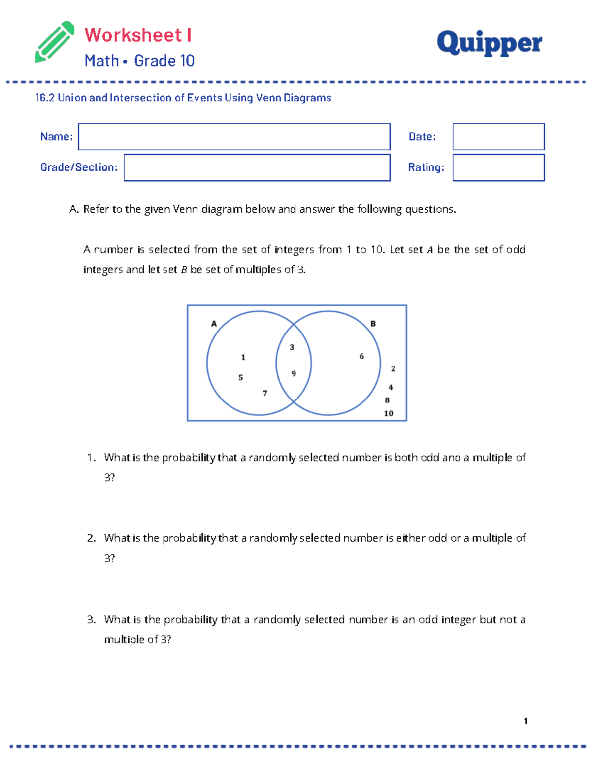 Grade 10 Math Worksheet 1: Union & Intersection with Venn Diagrams ...