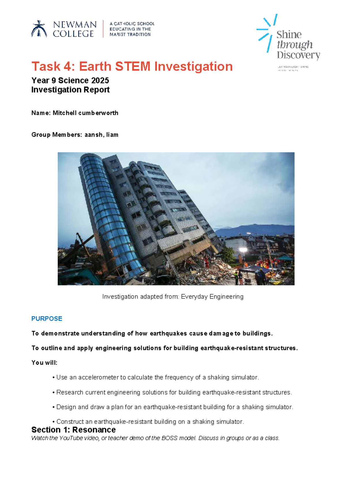 Year 9 Science 2025: Engineering Plan for Earthquake-Resistant Building ...
