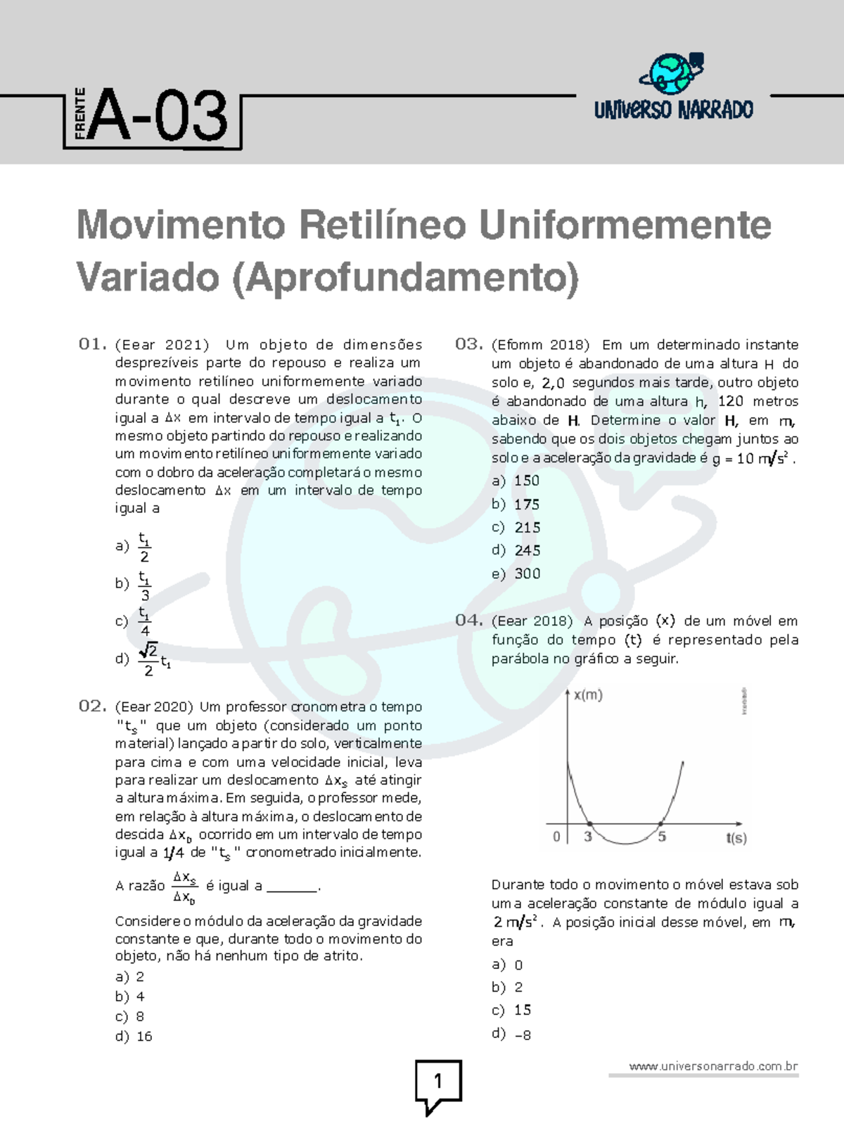 A03 - Movimento Retilíneo Uniformemente Variado: Exercícios e Gabarito ...