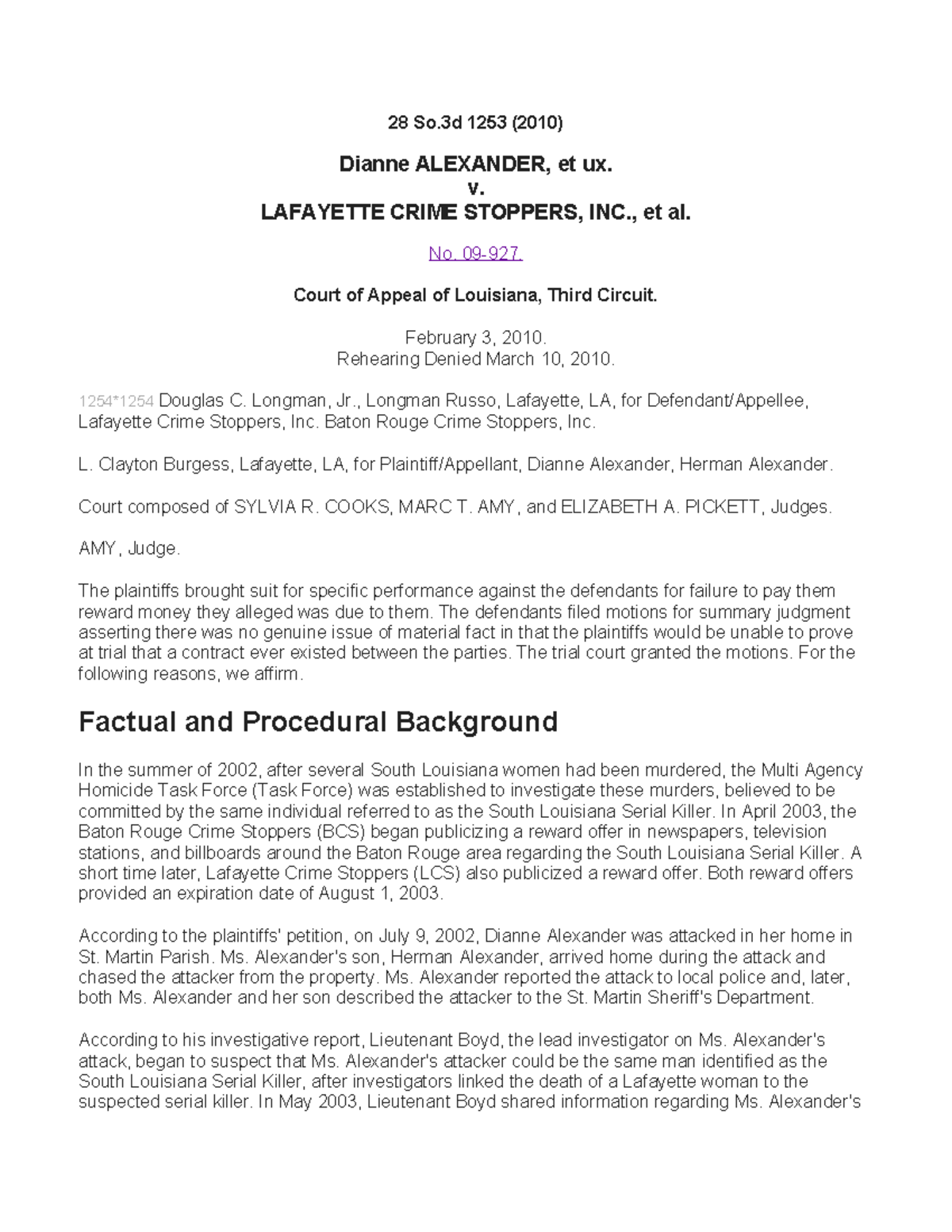 TT BLaw 3391 A Dianne Alexander v. Lafayette Crime Stoppers Case Study ...