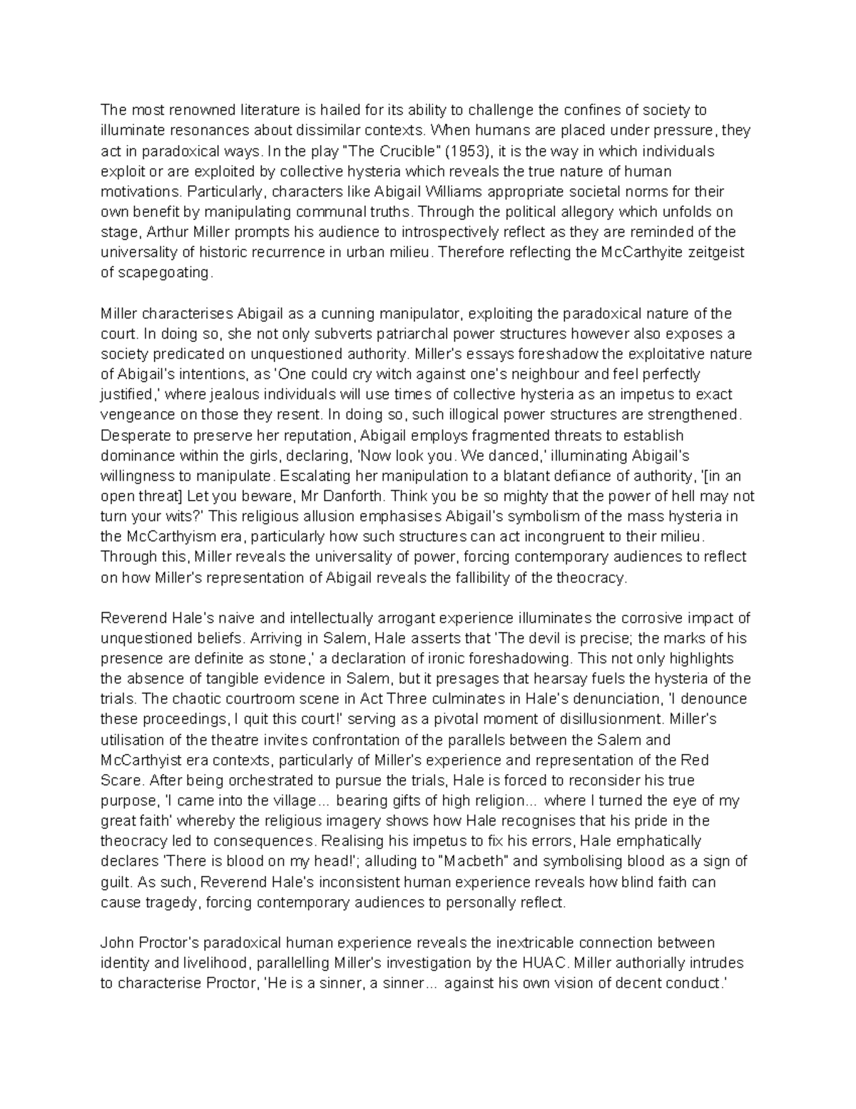 The Crucible (ENG 101) Essay: Exploring Human Nature and Hysteria - Studocu