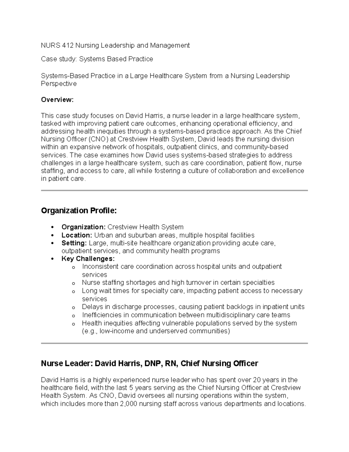 NURS 412 Case Study: Nursing Leadership & Systems-Based Practice - Studocu