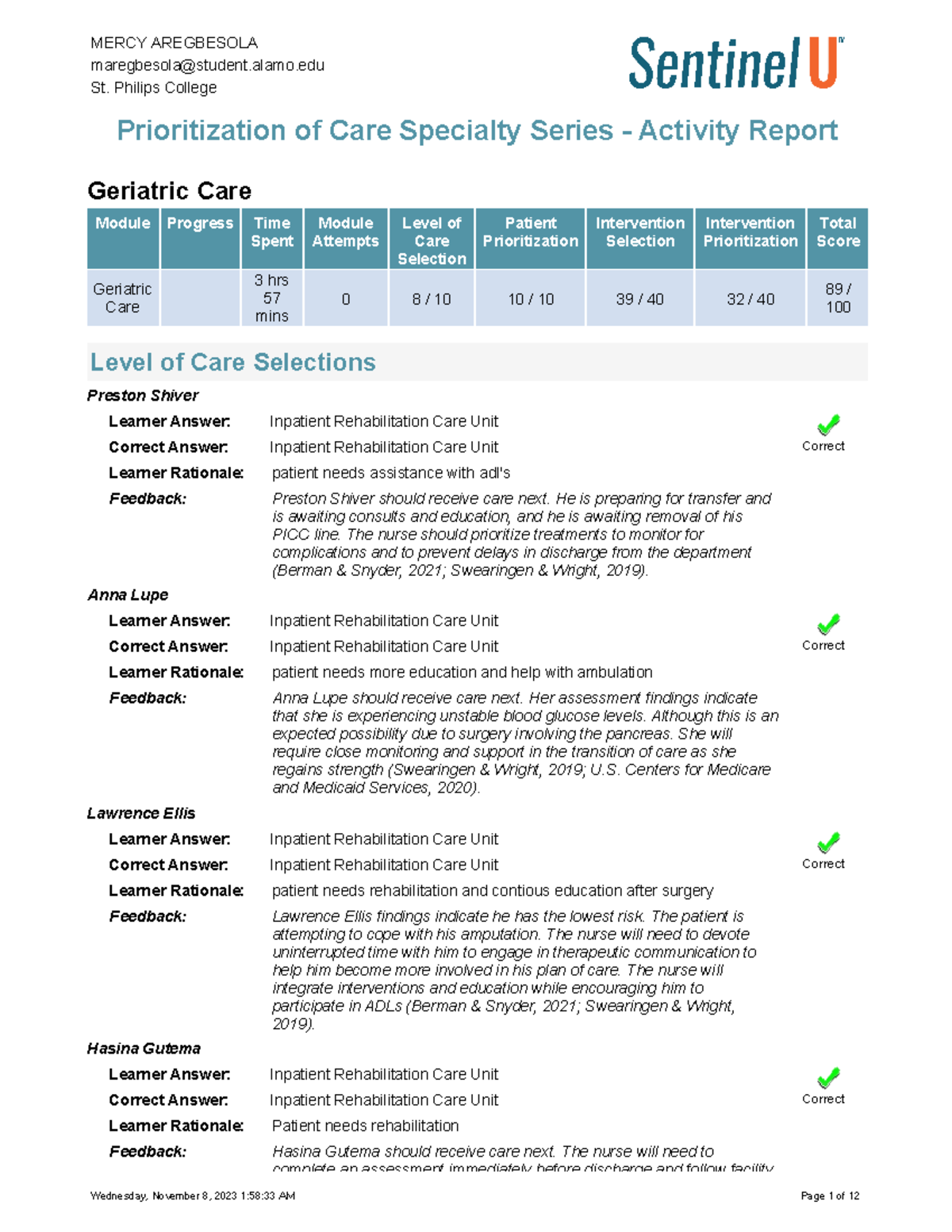 Geriatric Care Prioritization Activity Report for Sentinel U Course ...