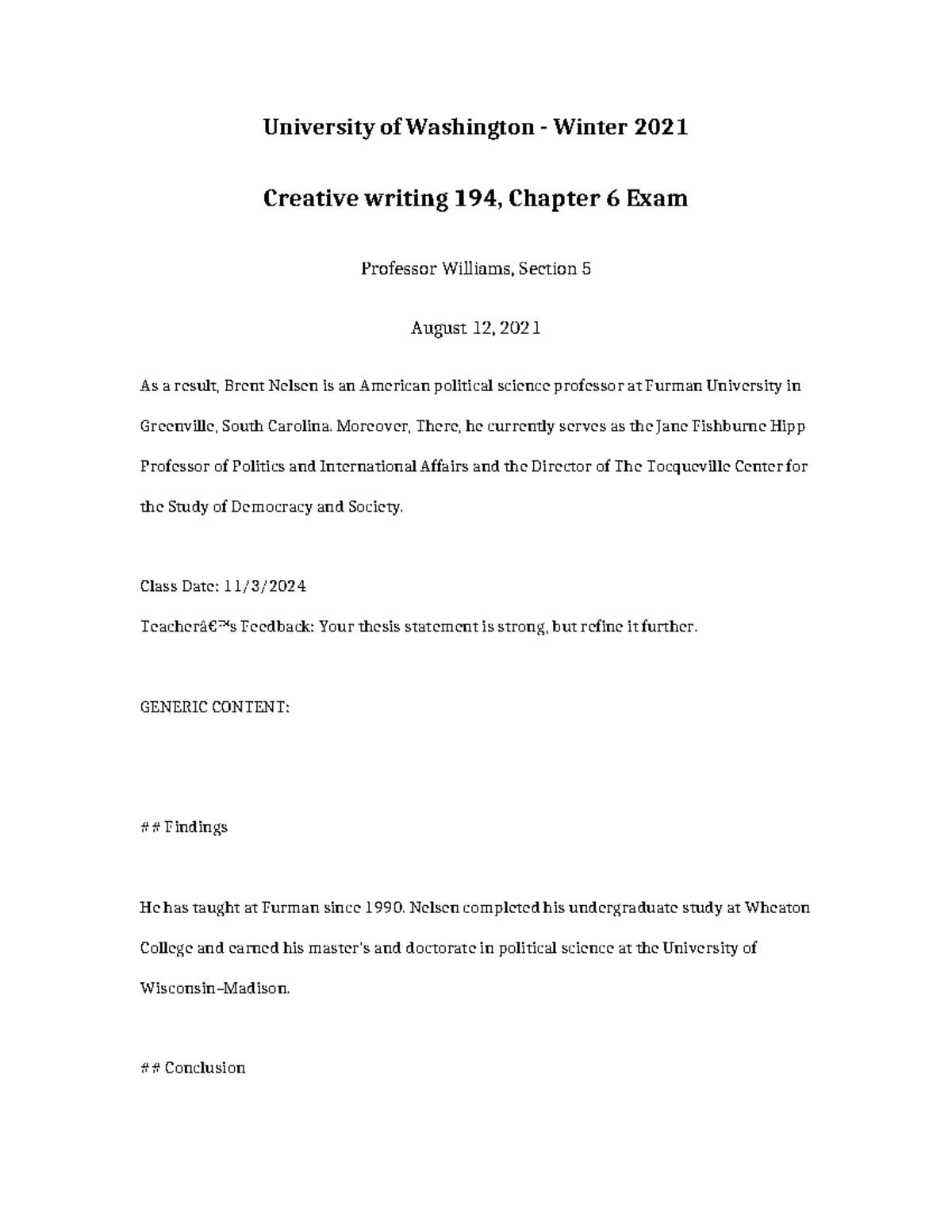 Creative Writing 194 Chapter 6 Exam: Key Insights and Feedback - Studocu