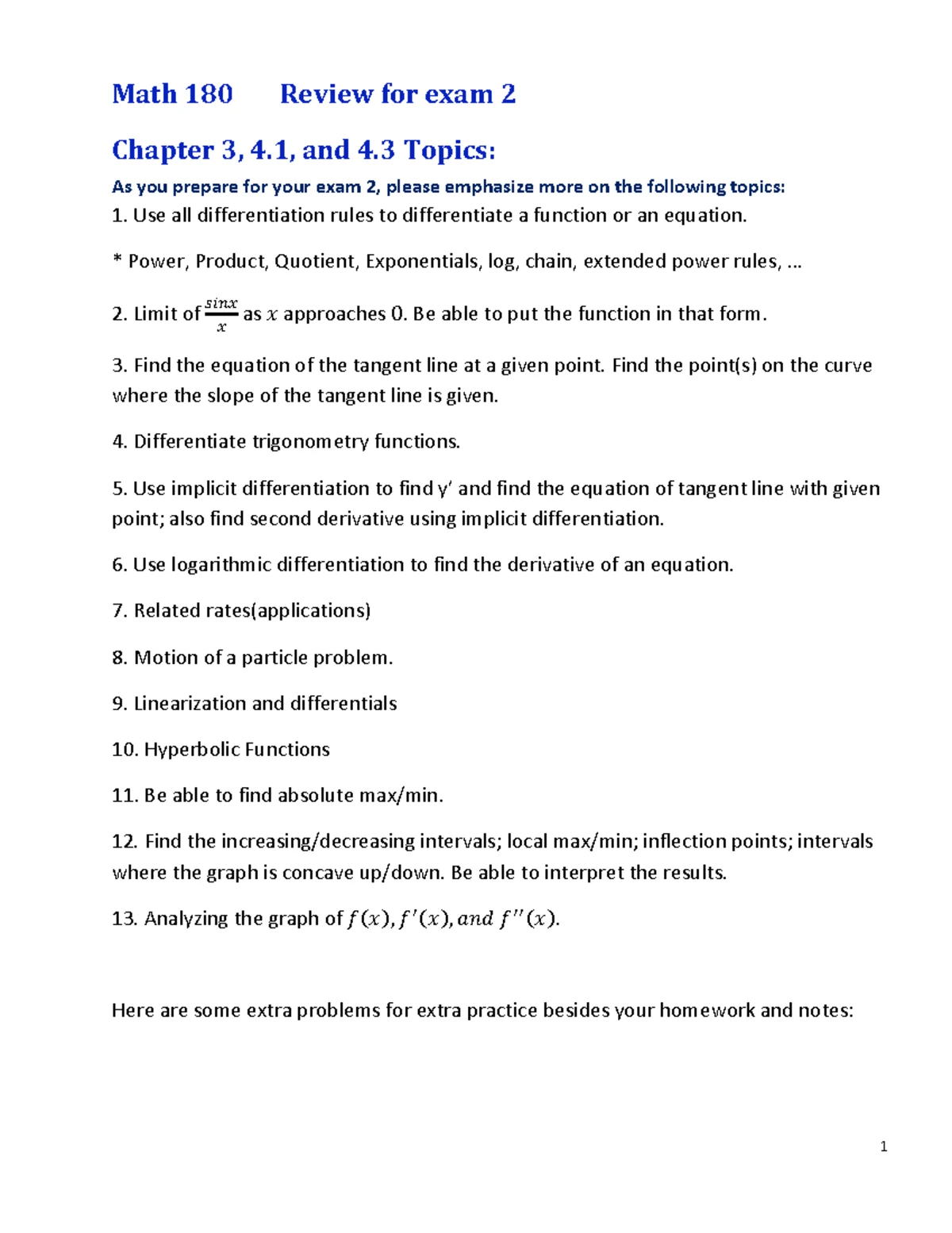 Math 180 Review for Exam 1: Key Topics and Concepts - Studocu