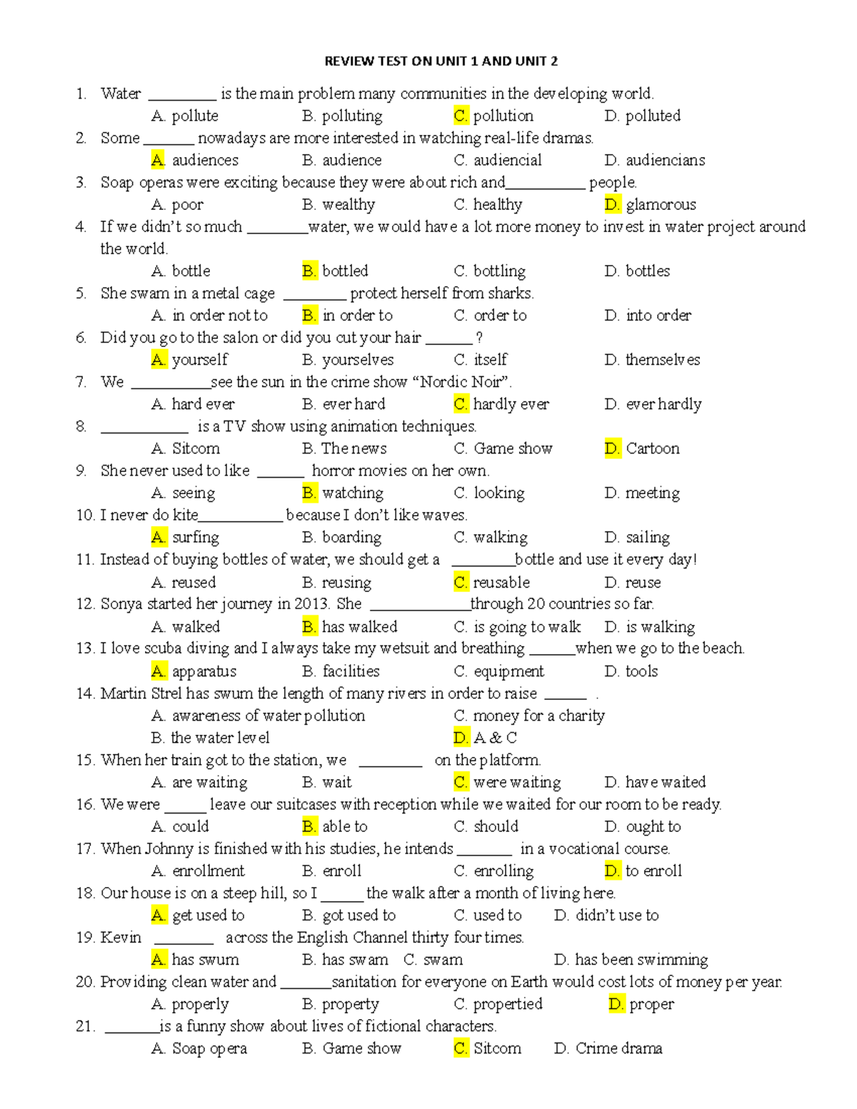 Review TEST ON UNIT 1 AND 2-KEY - REVIEW TEST ON UNIT 1 AND UNIT 2 ...