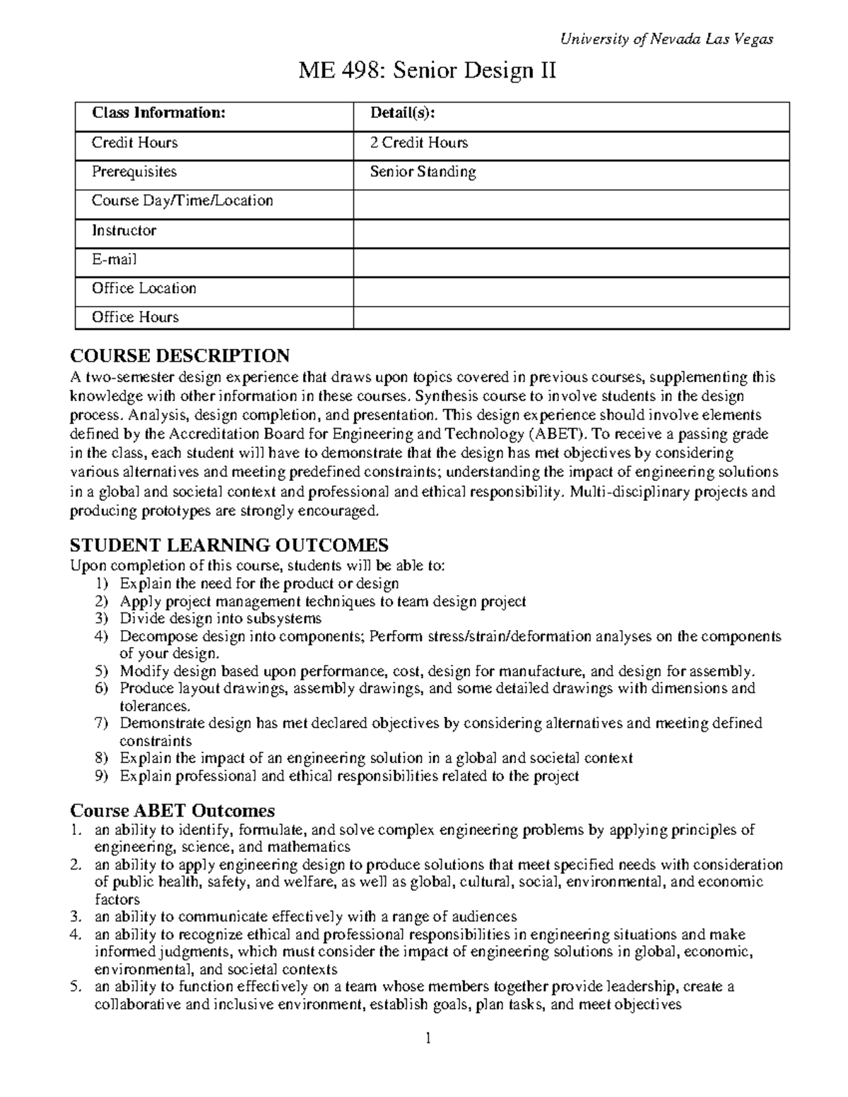 BS-ME498-Syllabus: Senior Design II Course Overview and Schedule - Studocu