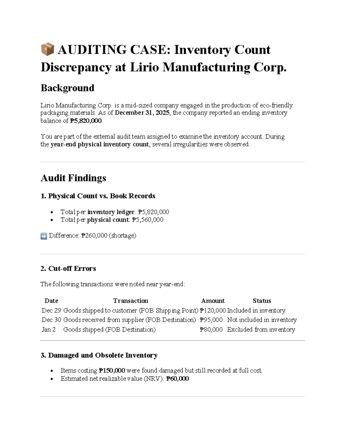 AUDITING CASE: Inventory Count Discrepancy Analysis - Lirio Mfg. Corp ...