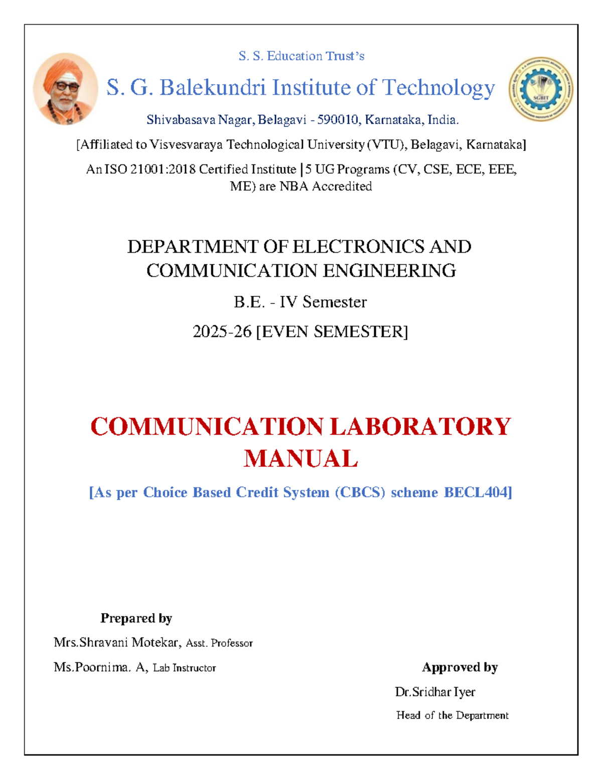 B.E. IV Sem Communication Lab Manual (ECE) - SGBIT - Studocu