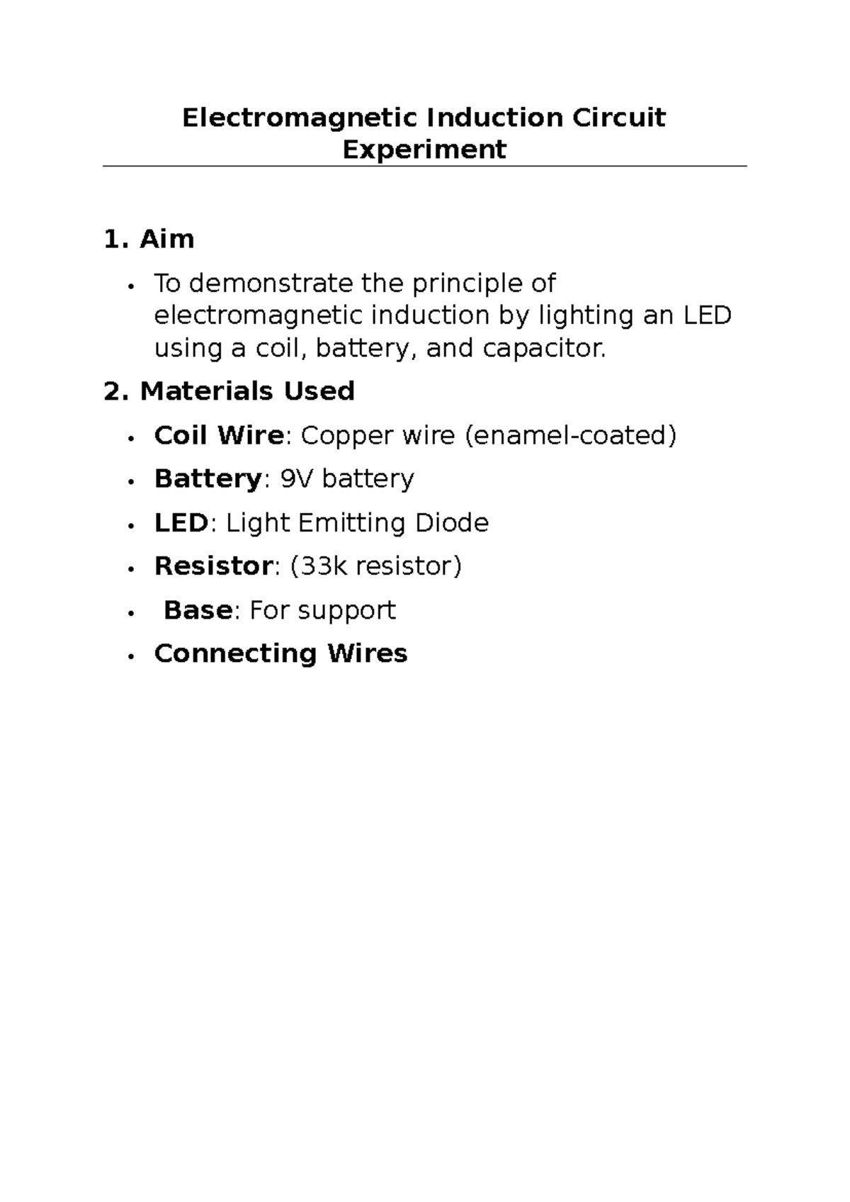 Electromagnetic Induction Circuit Experiment 1: LED Demonstration - Studocu