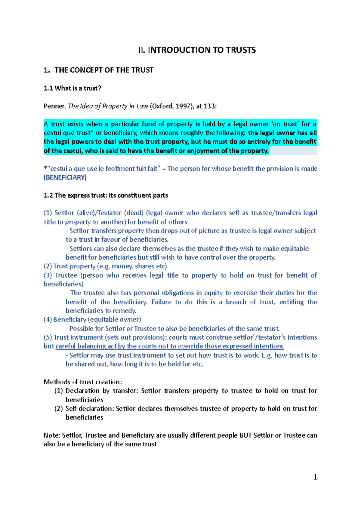 Introduction to Trusts: Key Concepts and Principles Handout - Studocu