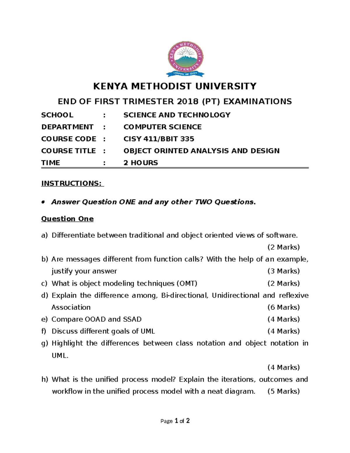 CISY 335 Object Oriented Analysis & Design Exam - 1st Trimester 2018 ...