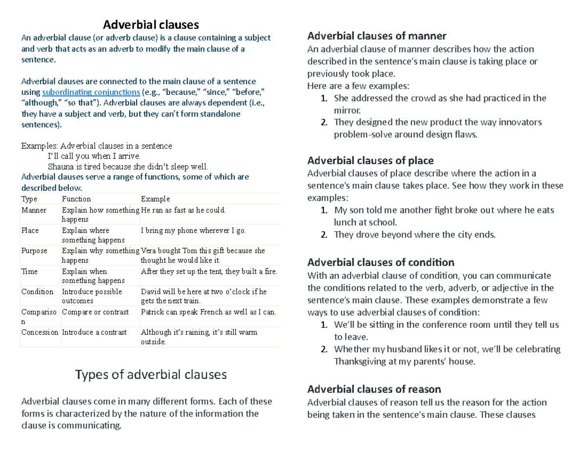 Adverb Clause With Examples What Are Adverb Clauses Examples