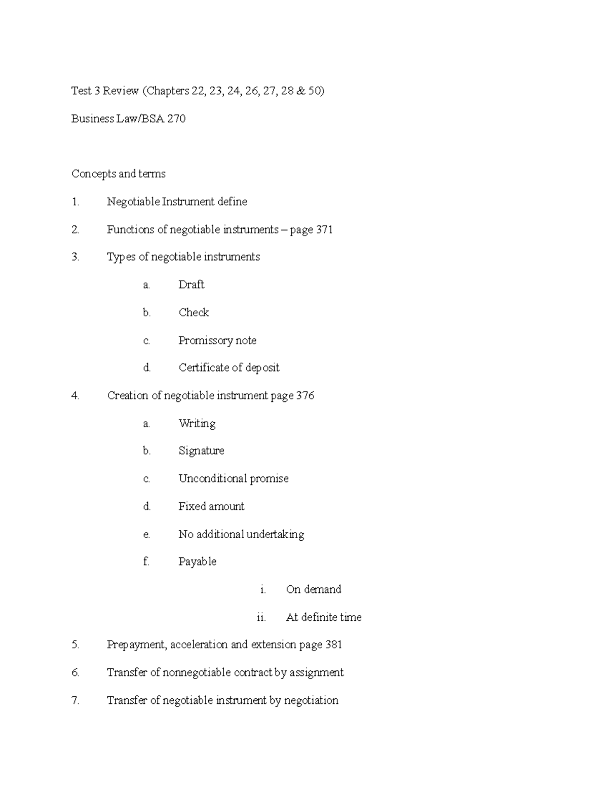 Test 3 Review: Key Concepts in Business Law/BSA 270 (Chapters 22-28, 50 ...