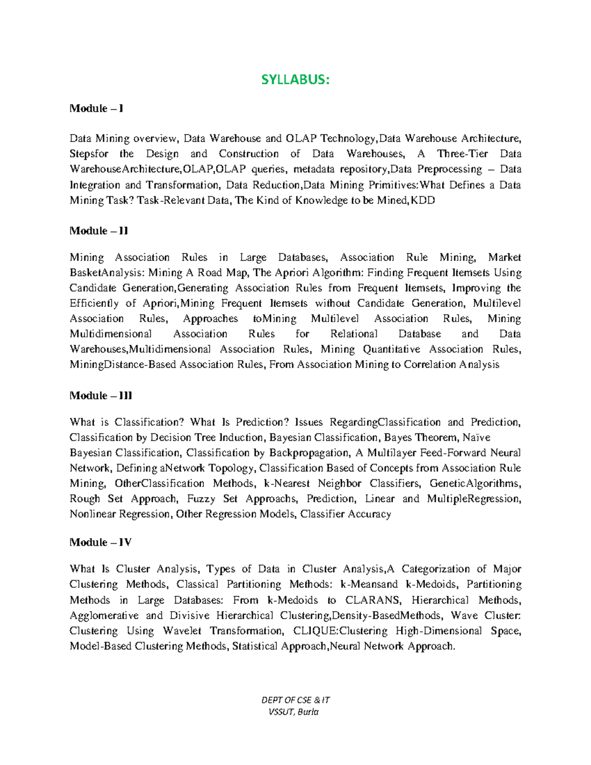 DATA Mining & DATA Warehousing Course (CSE & IT) - Syllabus Overview ...