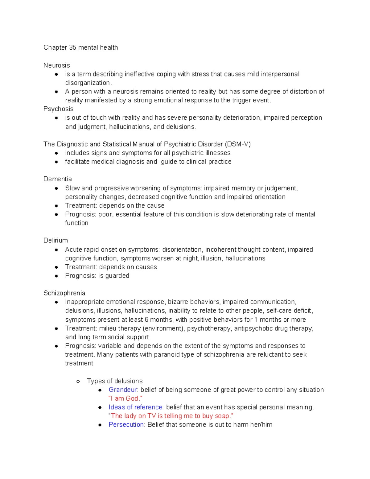 Chapter 35: Mental Health Disorders Overview (Med Surg Notes) - Studocu