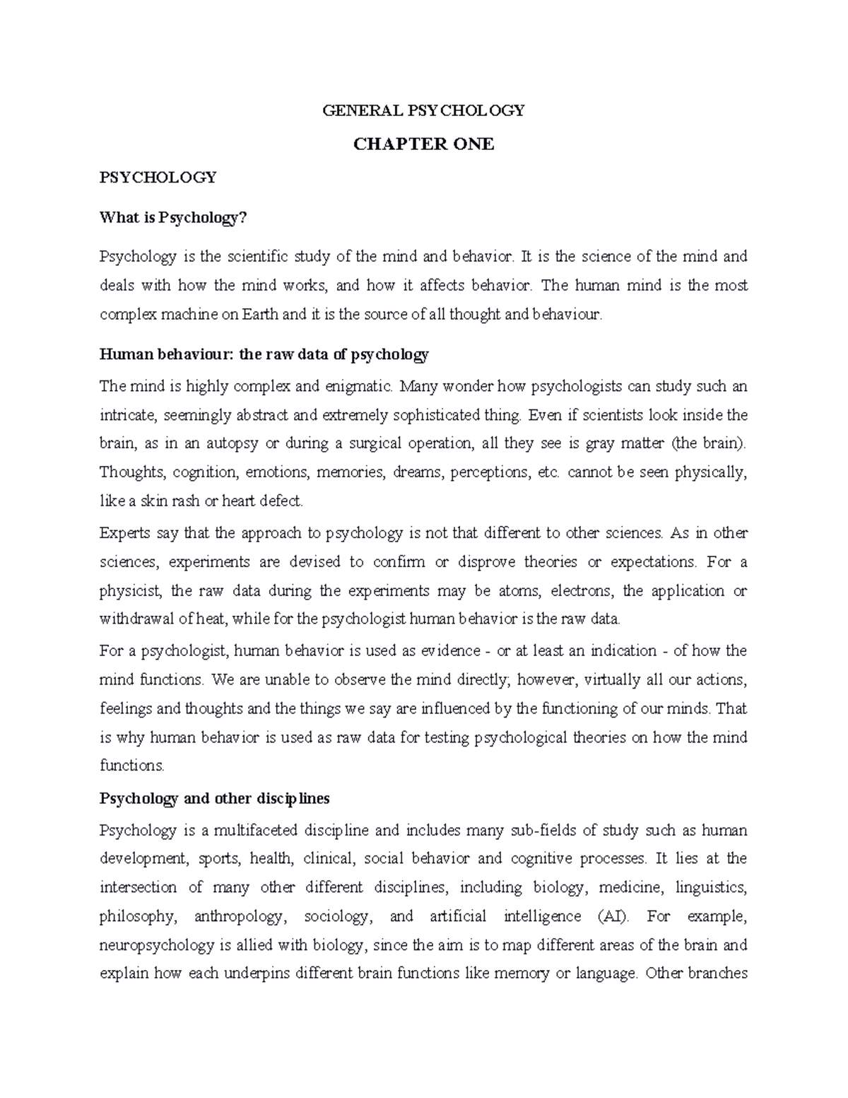 PSY 101: General Psychology Chapter 1 - Understanding Psychology Basics ...