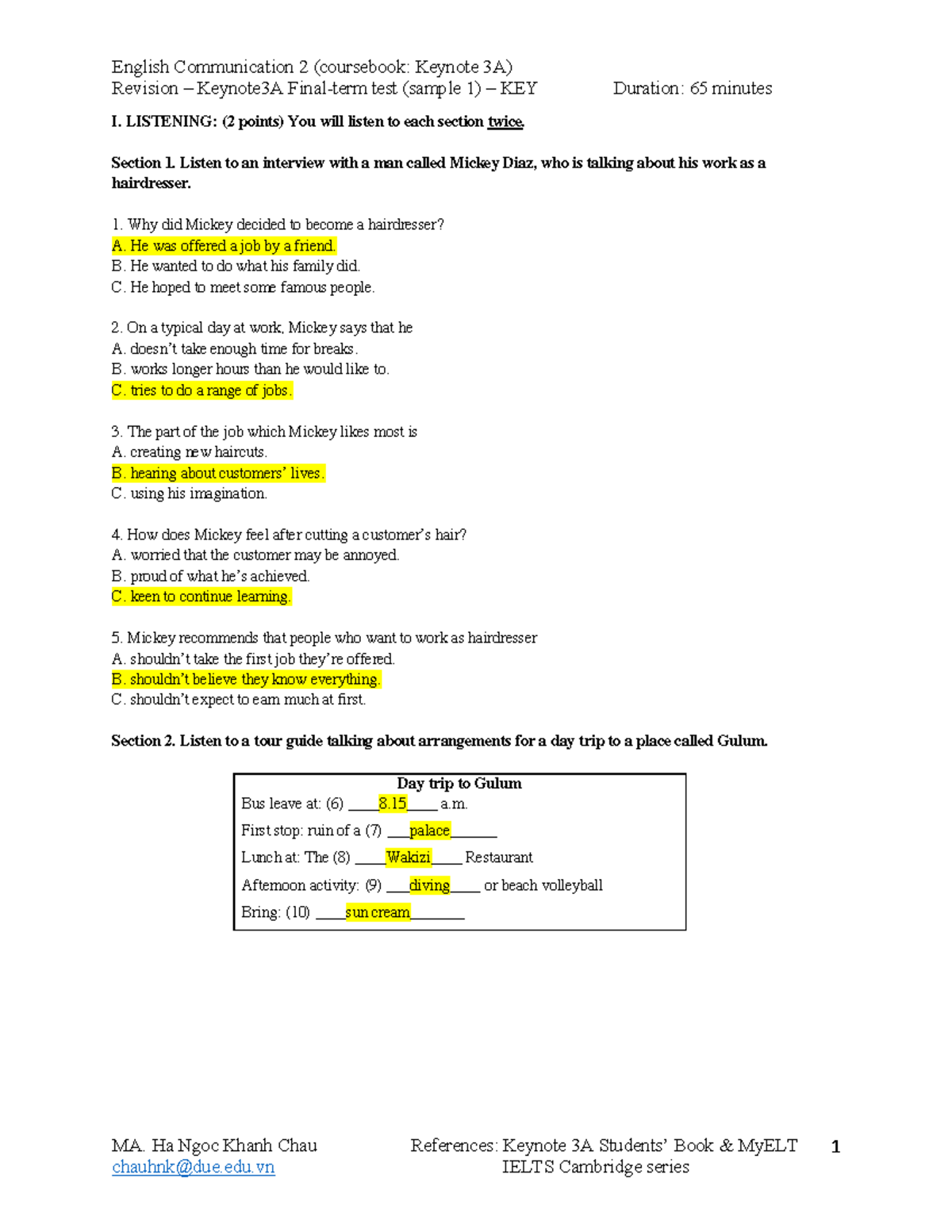 Keynote 3A Final-term Test Sample 1 - Answer Key & Revision Guide - Studocu