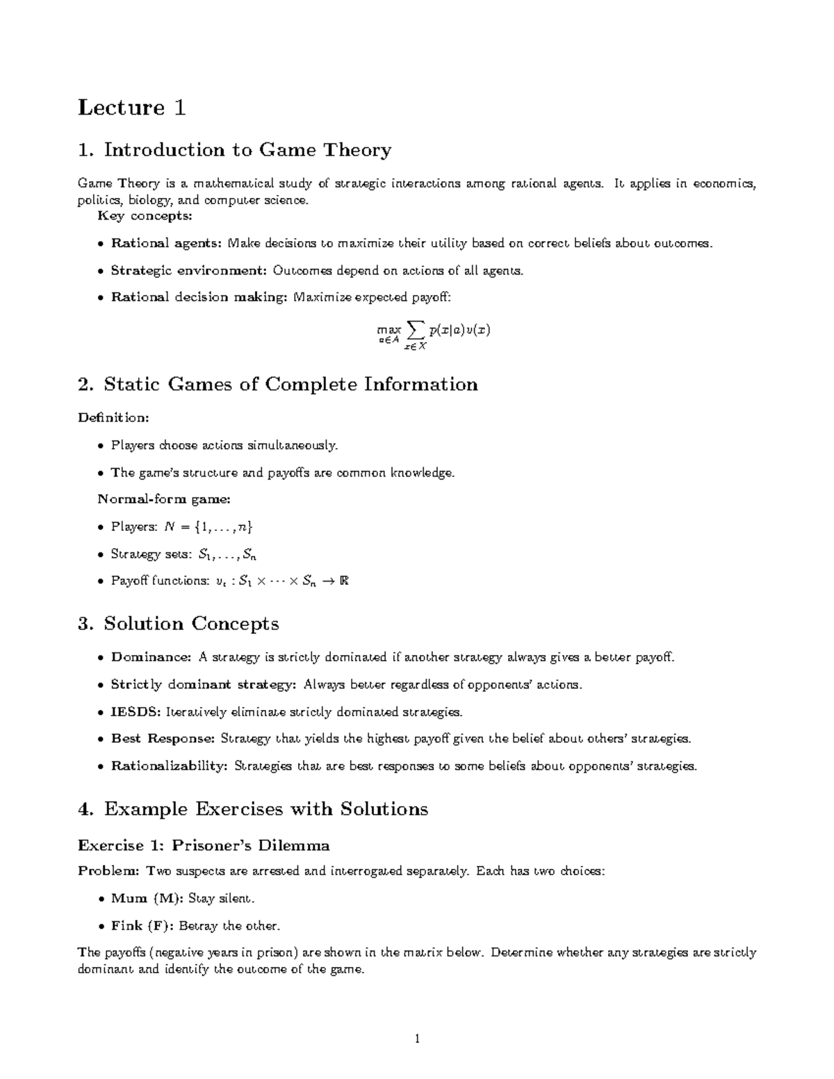 Game Theory Summary: Lecture Notes (Course Code: GT101) - Studeersnel